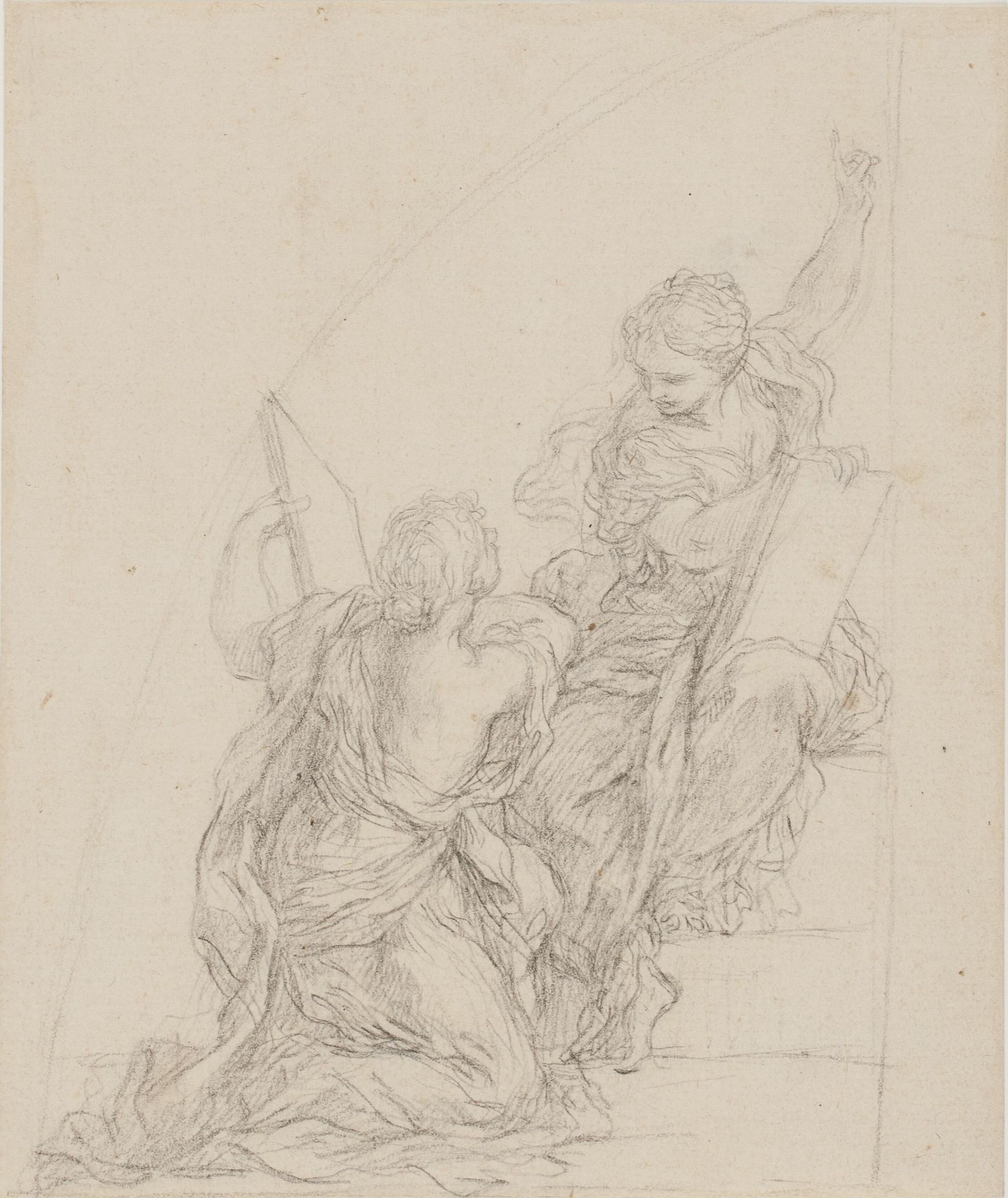 Left part of a lunette with two Sibyls carrying folios and gesticulating in agitation by Ciro Ferri