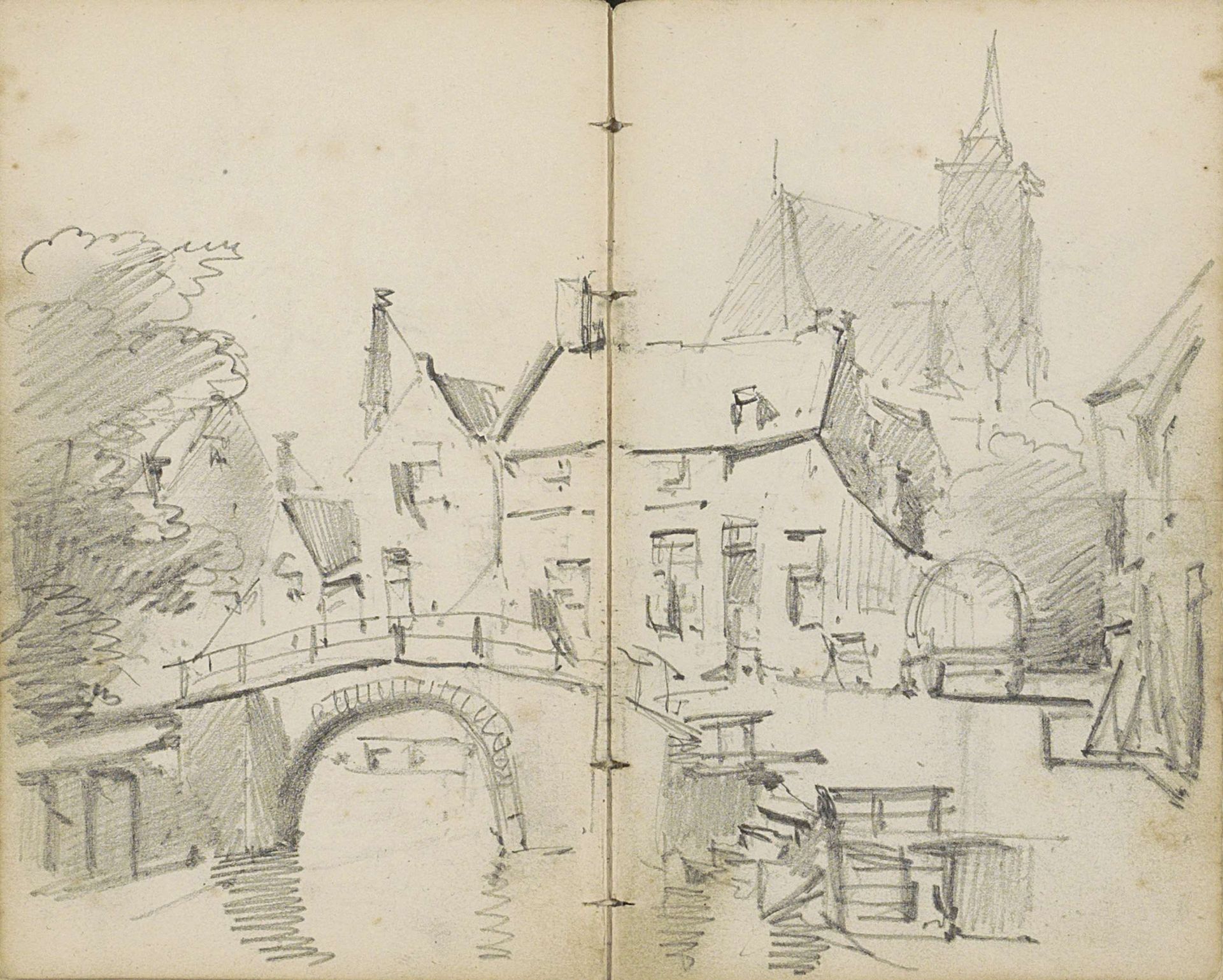 Stadsgezicht met een brug over een gracht by Willem Koekkoek