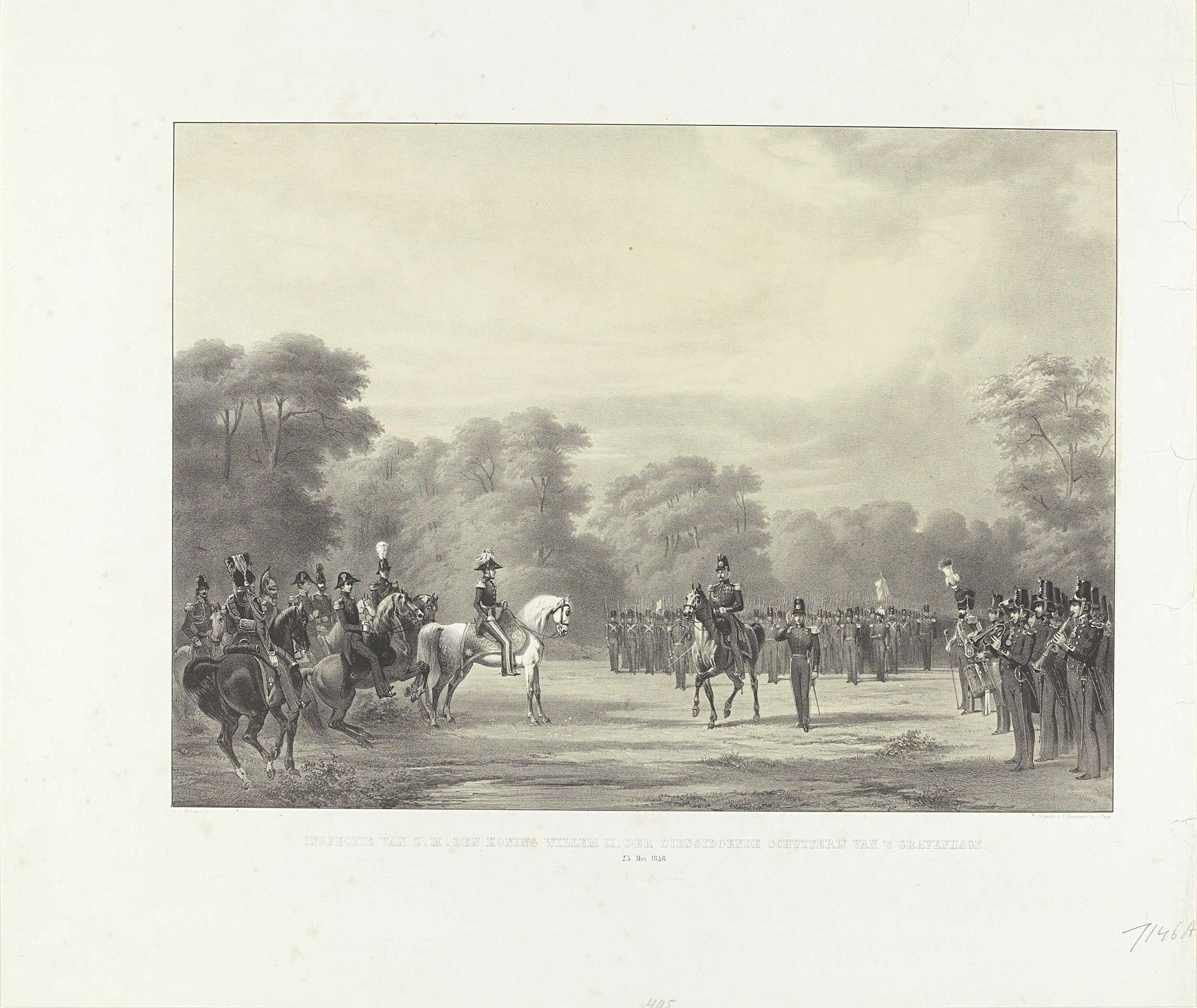 Inspectie van Z.M. den Koning Willem II, der dienstdoende schutterij van 's Gravenhage. 23 Mei 1848 by Carel Christiaan Antony Last