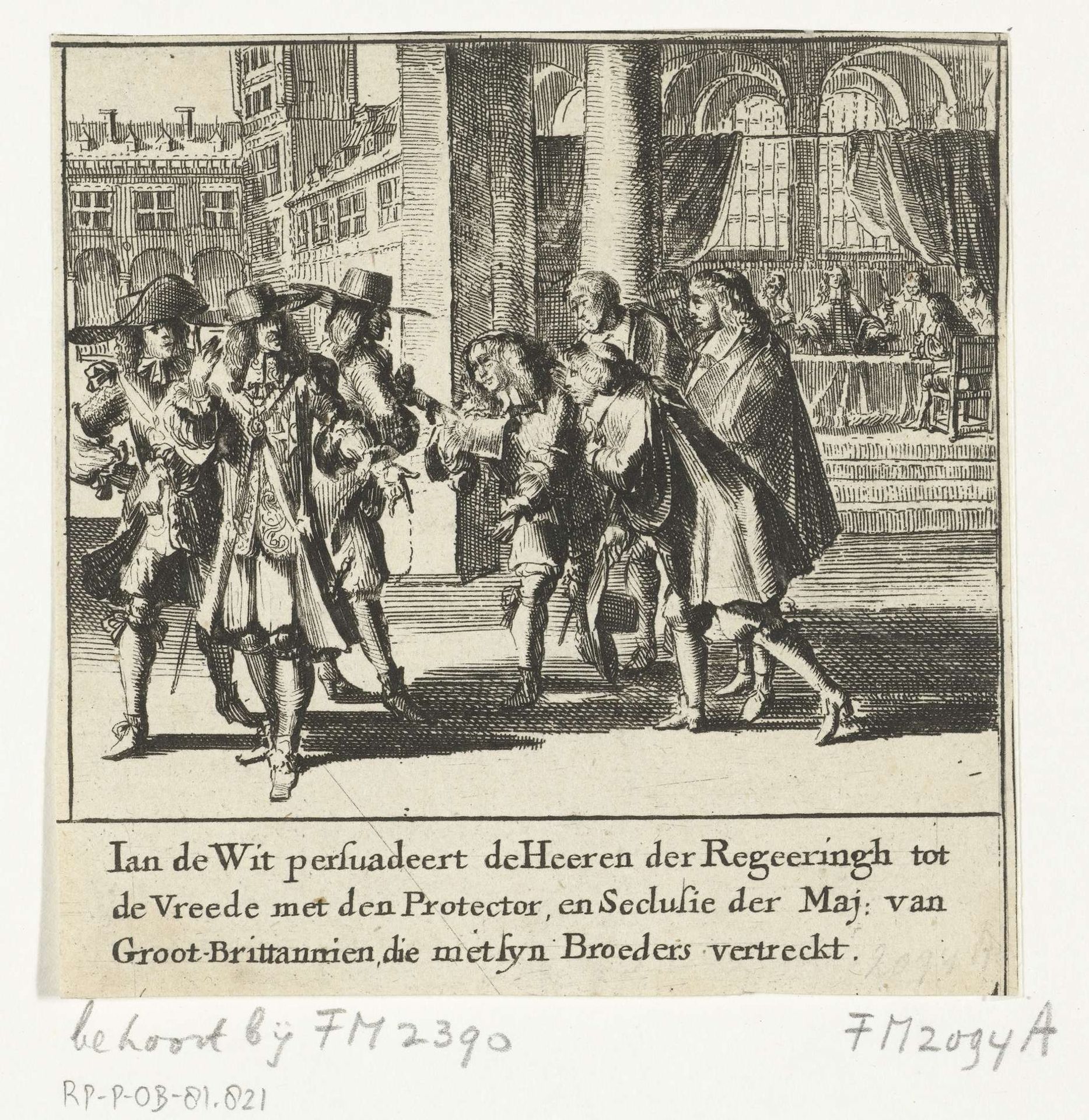 Johan de Wit onderhandelt met de Engelsen over de vrede van Westminster en de Acte van Seclusie, 1654 by Romeyn de Hooghe