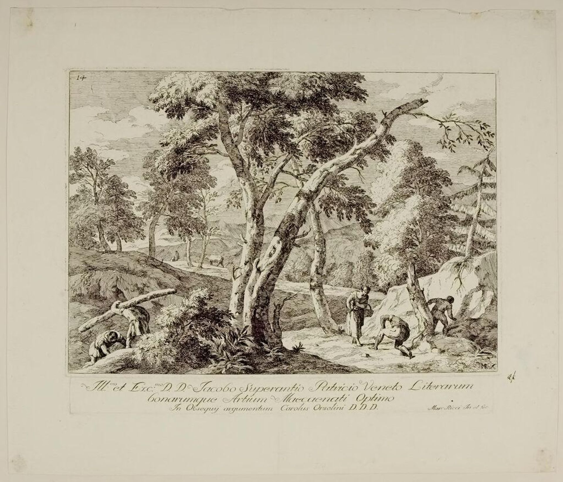 Two Men and a Woman Gathering Fruit in a Wood by Marco Ricci