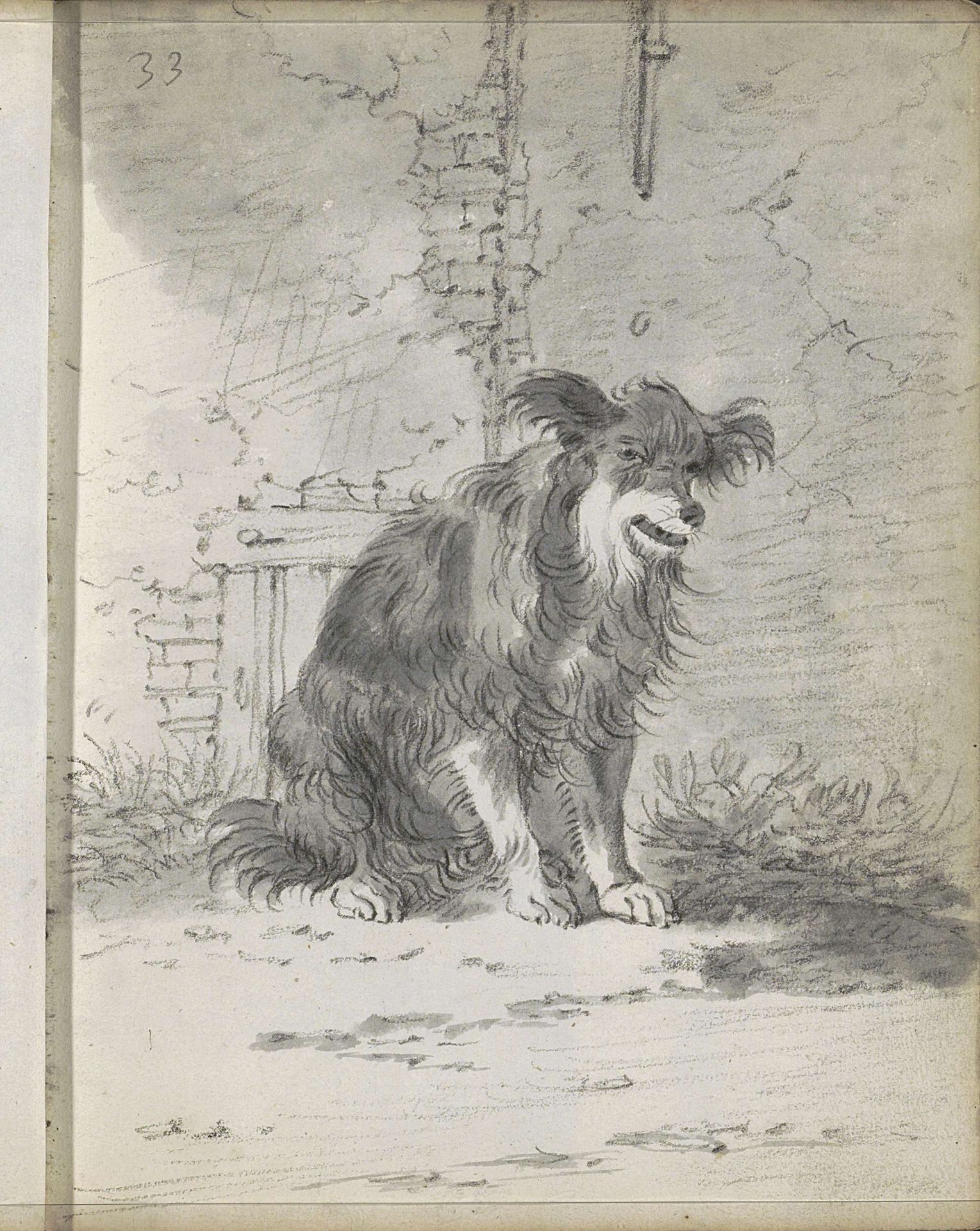 Zittende hond bij een muur by Cornelis Saftleven
