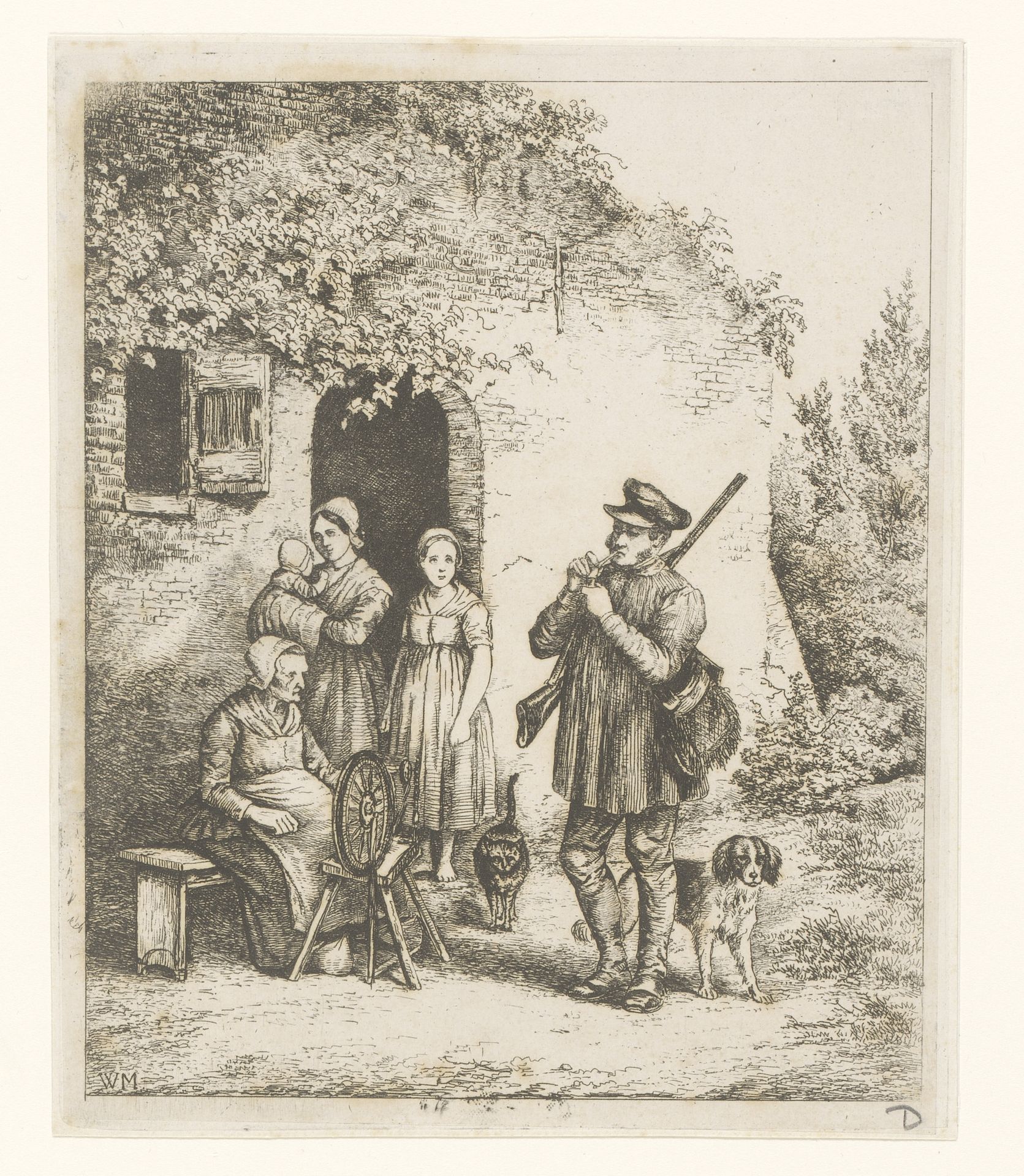 Gezelschap voor de deur van een woning by Christiaan Wilhelmus Moorrees