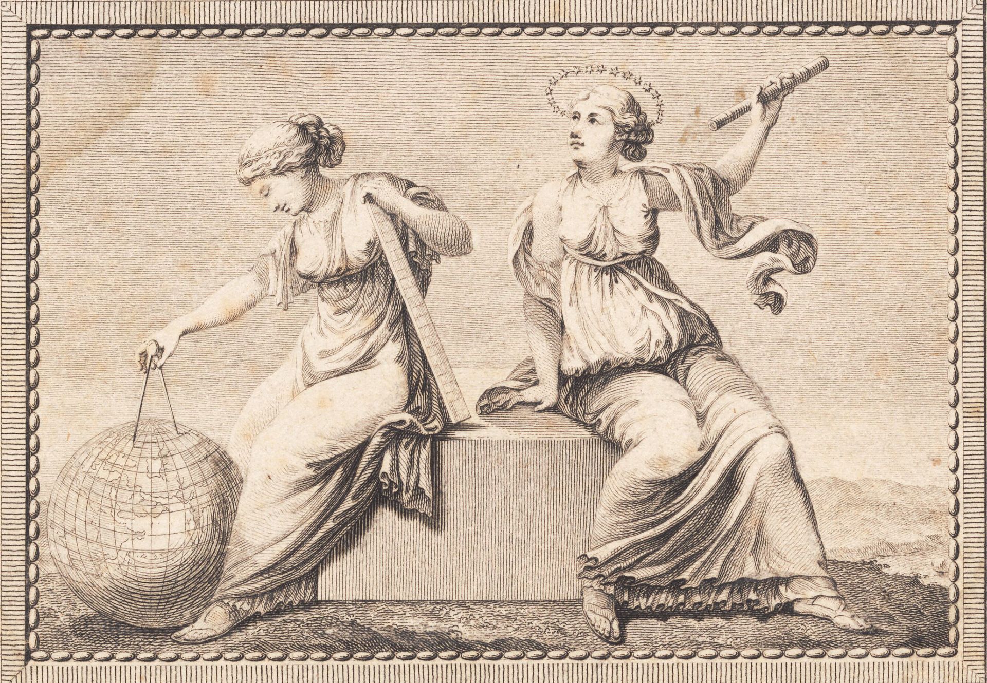 Urania og Gæa sidder på en firkantet stenblok by J.F. Clemens
