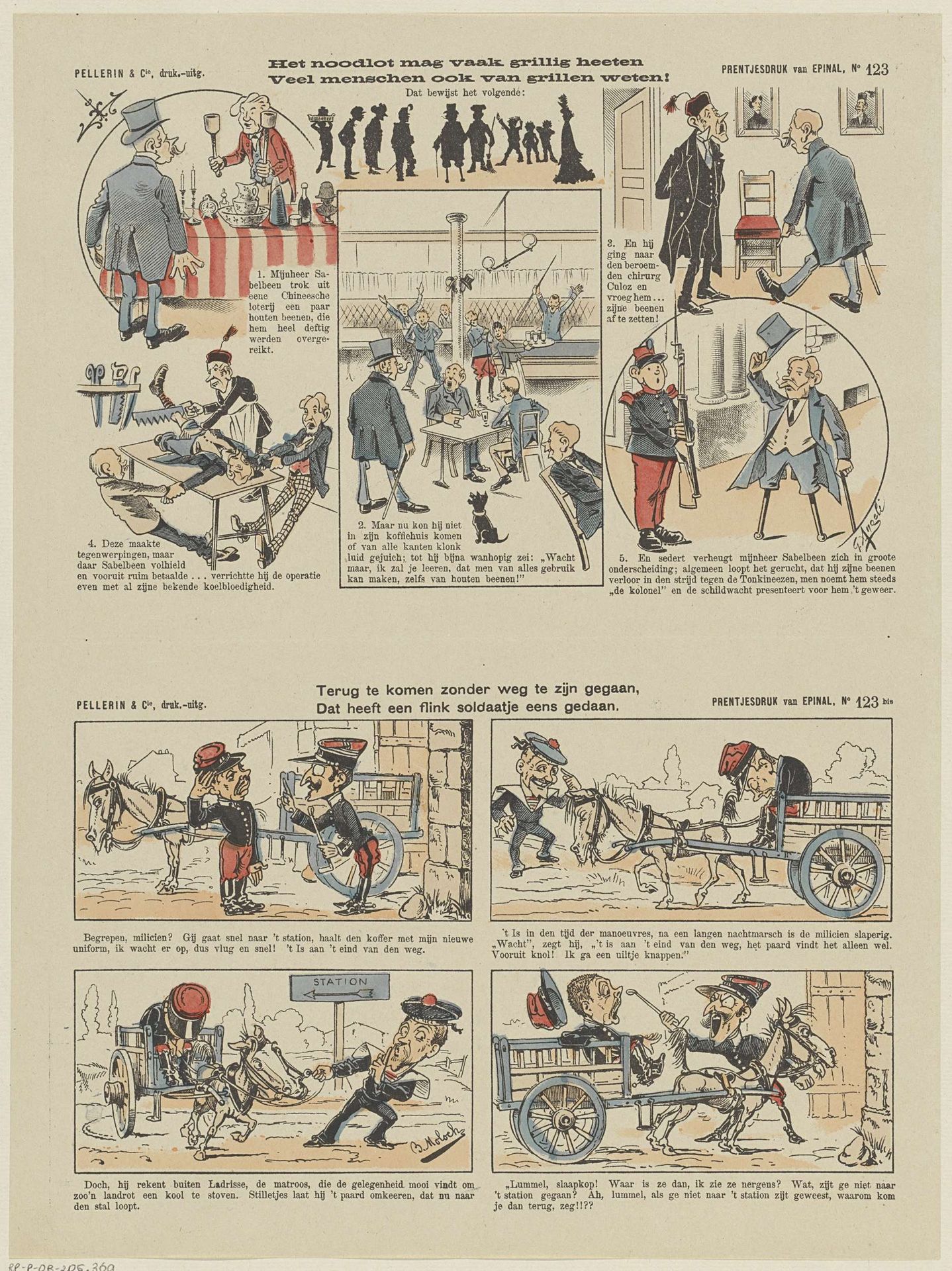 Het noodlot mag vaak grillig heeten / Veel menschen ook van grillen weten! / Terug te komen zonder weg te zijn gegeaan, / Dat heeft een flink soldaatje eens gedaan by G. Angeli