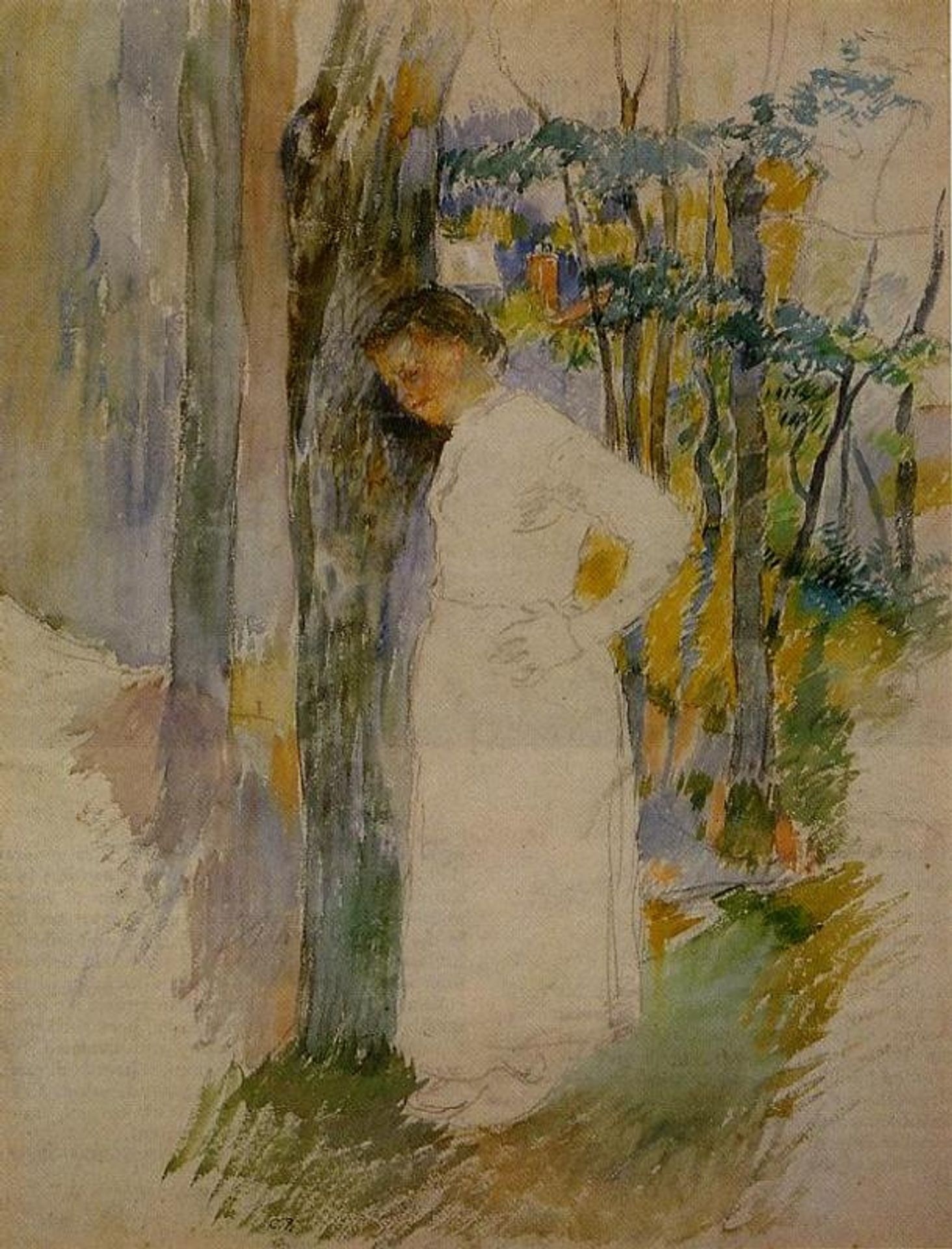 Peasant Woman Standing next to a Tree by Camille Pissarro