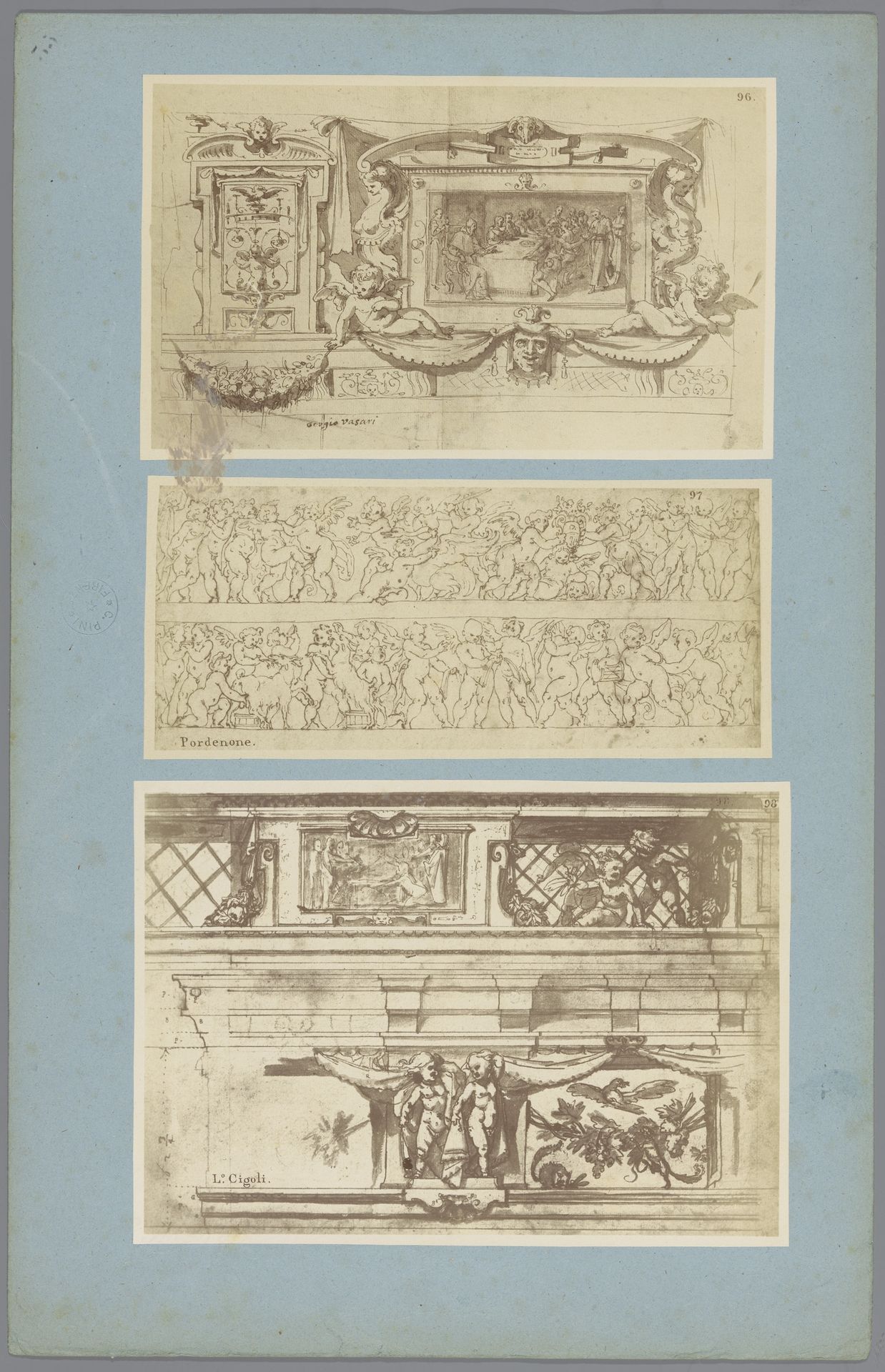 Drie fotoreproducties van tekeningen, vermoedelijk van wanddecoraties by Anonymous