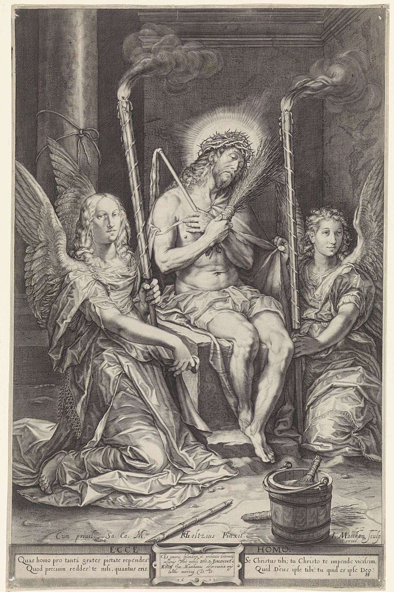 Christus op de koude steen tussen twee engelen by Jacob Matham