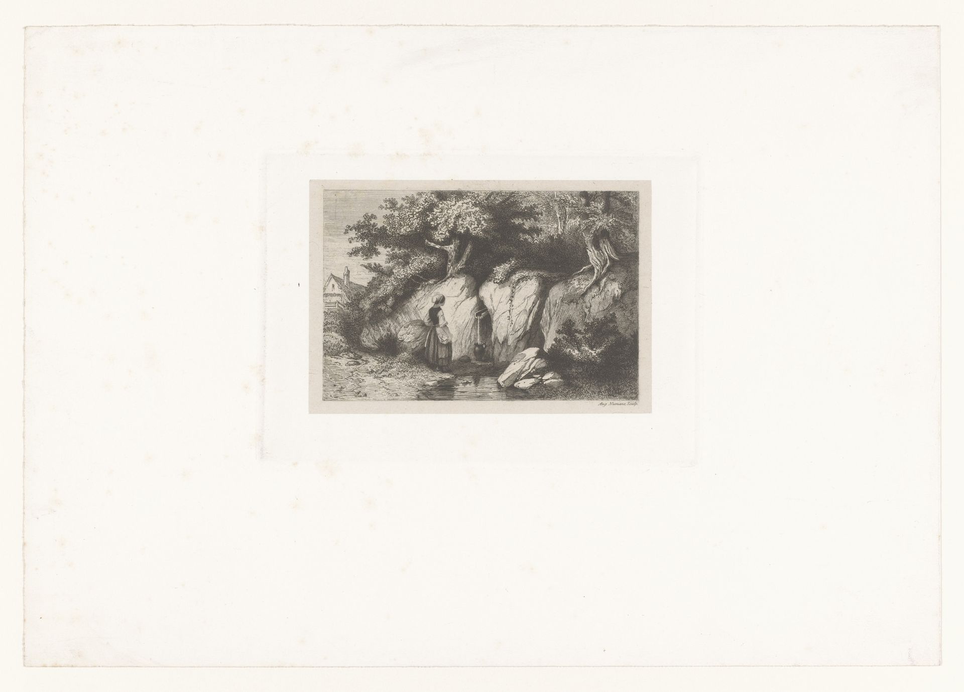 Landschap met vrouw die water haalt bij een bron by Auguste Numans