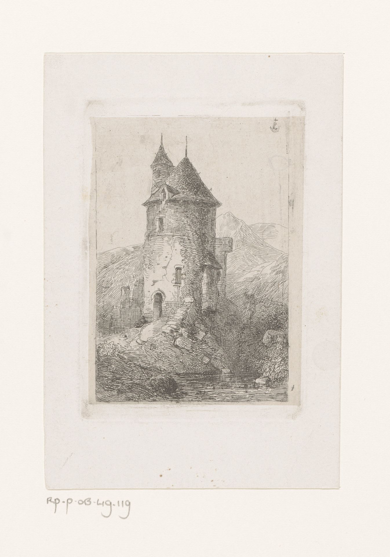 Bouwvallige toren in bergachtig landschap by Paulus Lauters