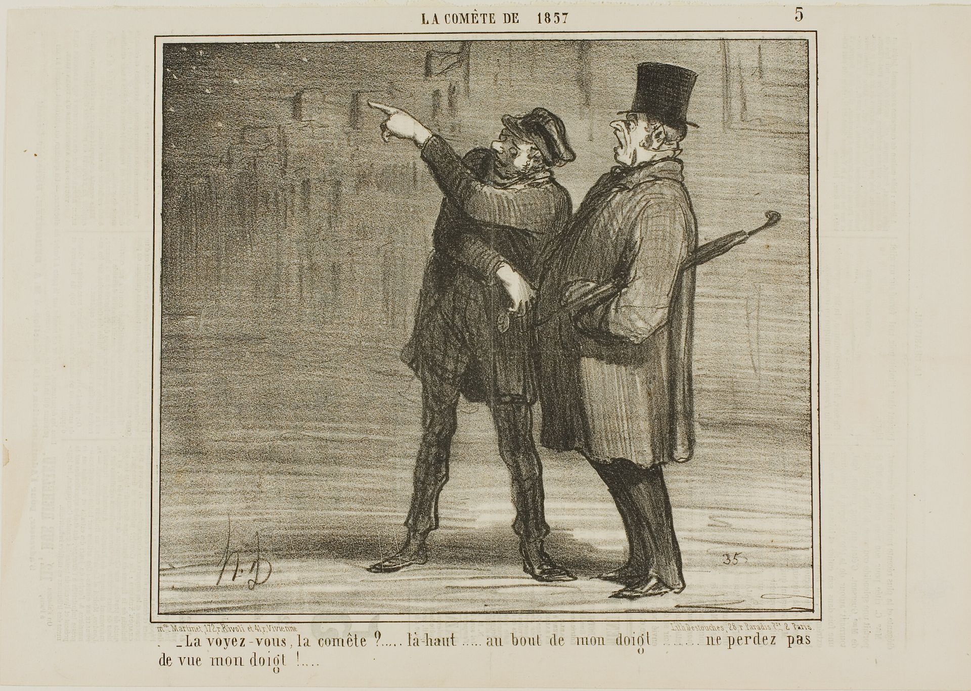 "- Can you see the comet?... just there, at the tip of my finger ... don't lose sight of my finger tip!," plate 5 from La Comète De 1857 by Honoré Daumier