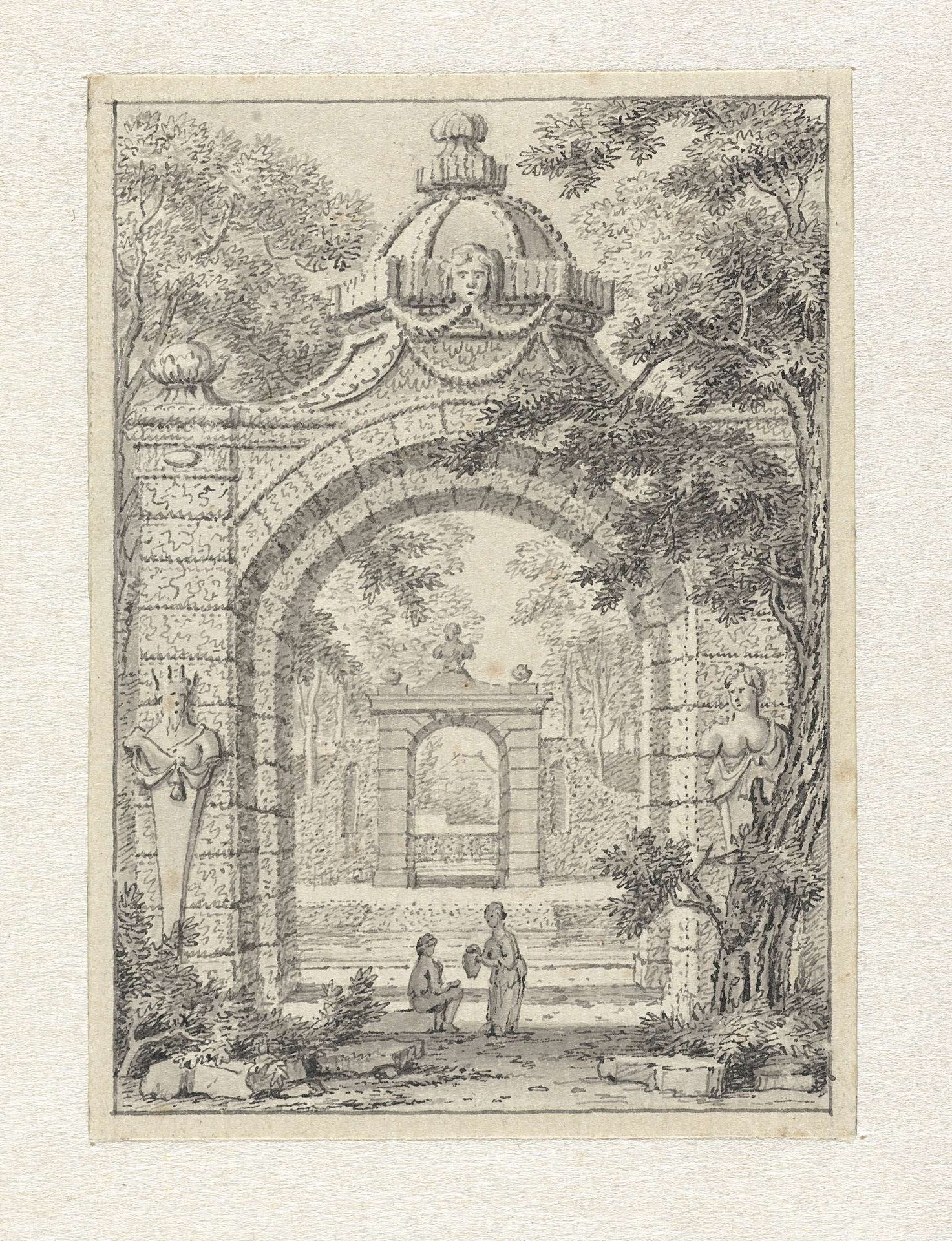 Klein landschap met twee tuinpoorten achter elkaar by Johannes de Bosch