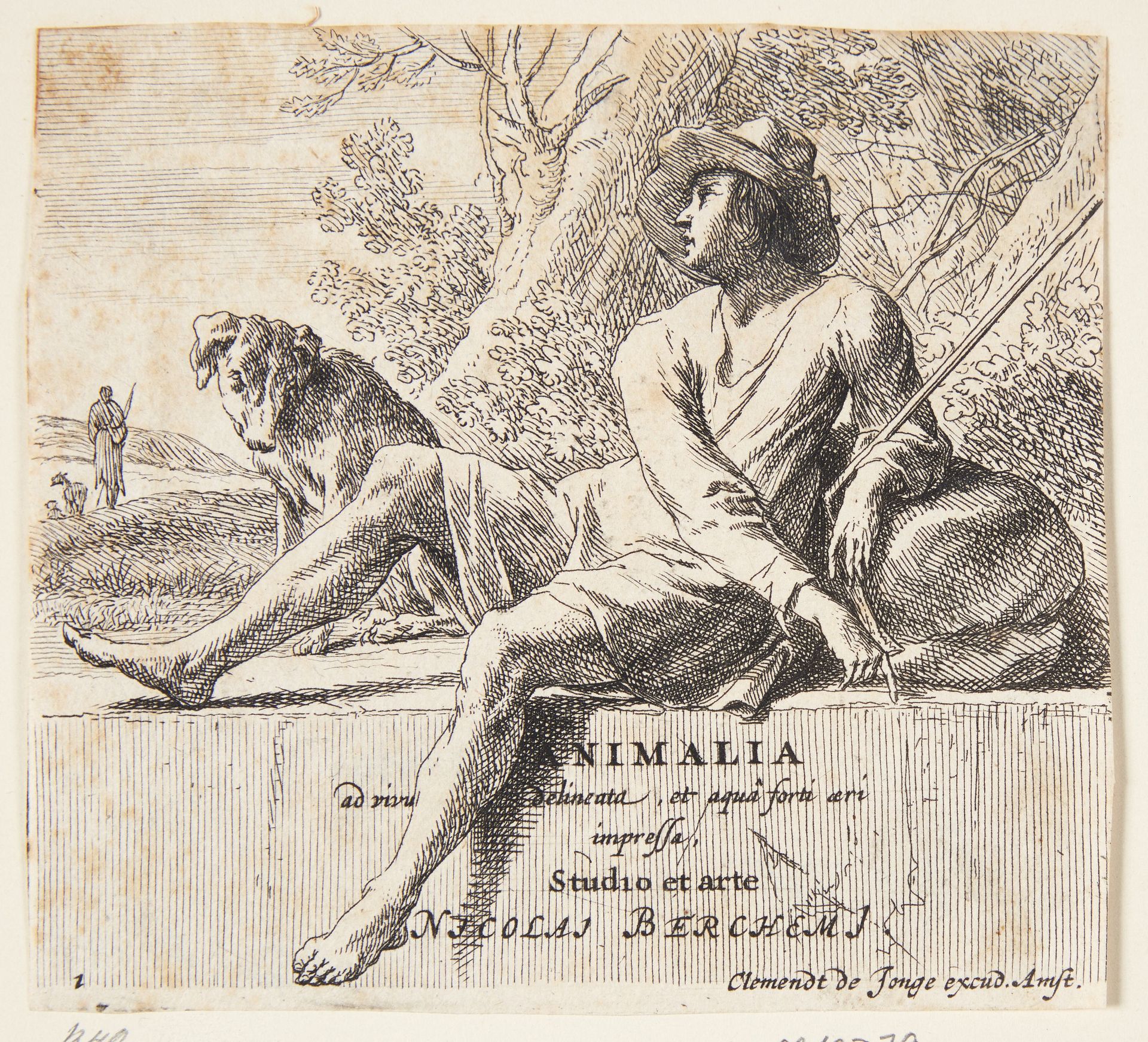 Fårehyrde siddende på en sten. Titelblad til "Forskellige dyr" by Nicolaes Berchem