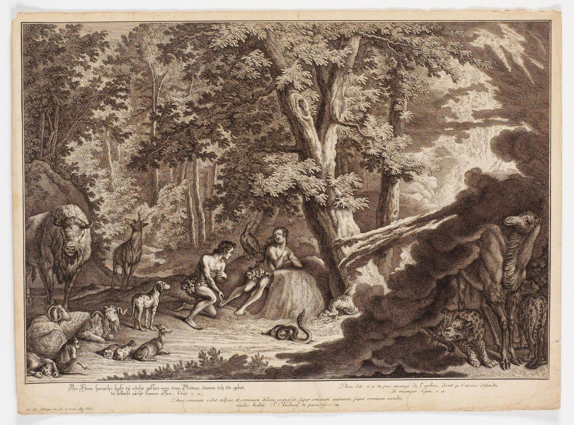 Gud opdager at Adam og Eva har spist af kundskabens træ by Johann Elias Ridinger