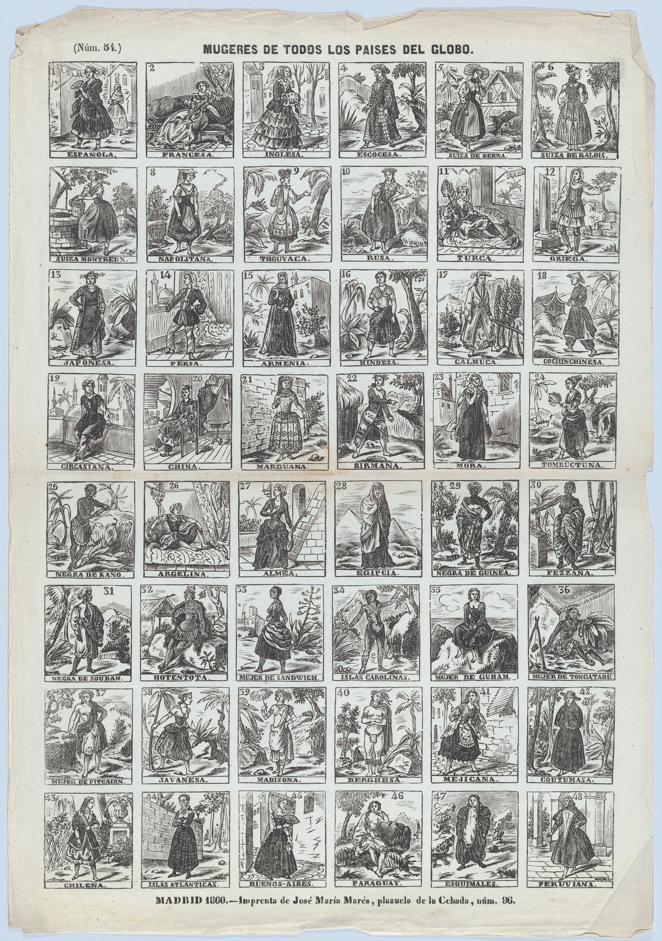 Broadside with 48 scenes showing different women of the world by José Noguera