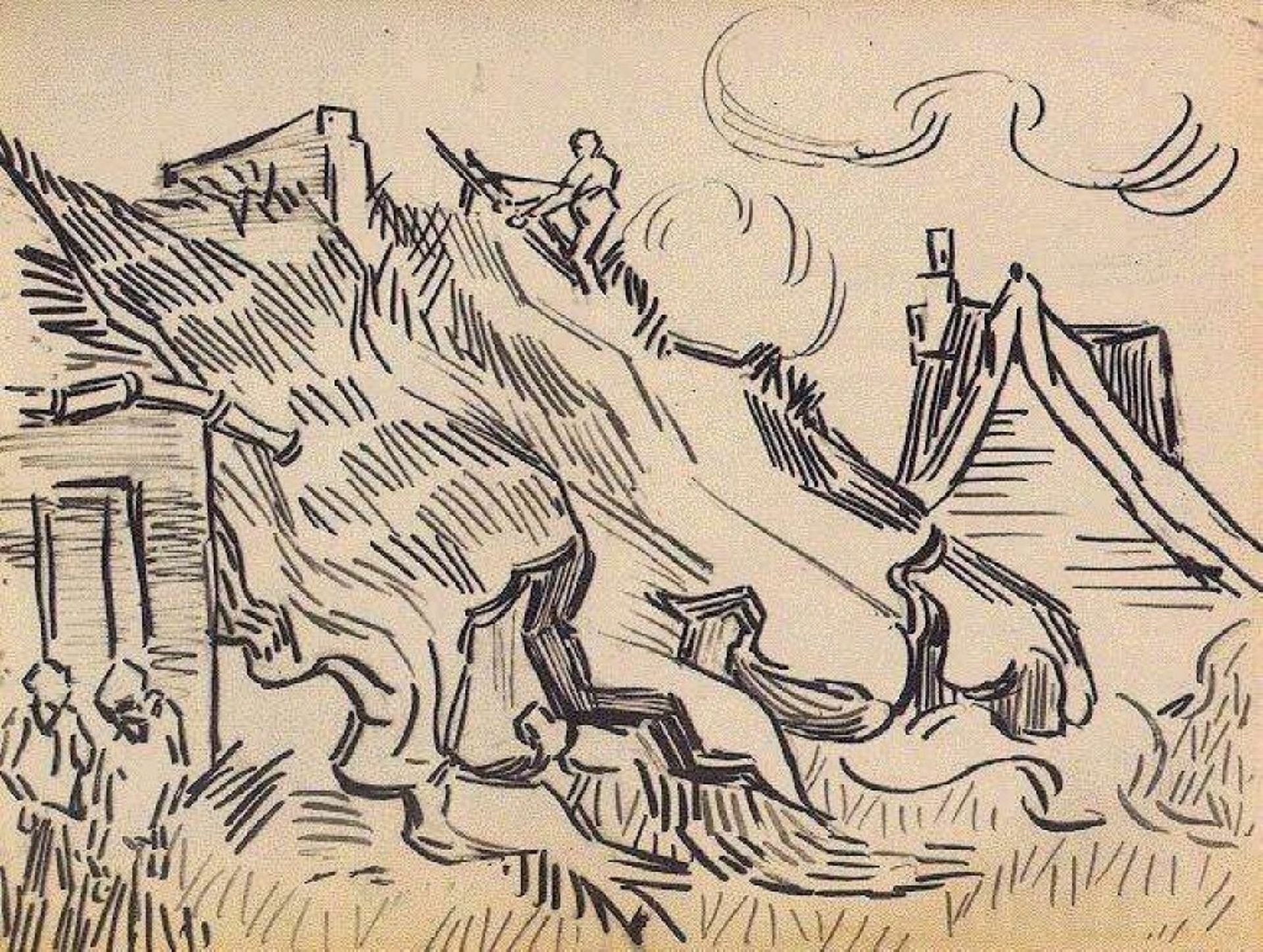 Cottages with Thatched Roofs and Figures by Vincent van Gogh
