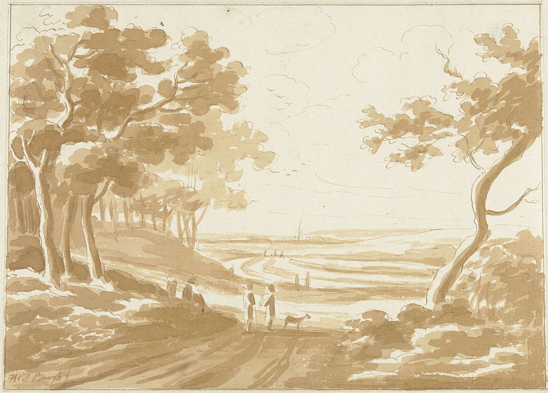 Landschap met een pad waarop mensen lopen by Hendrik van der Burgh