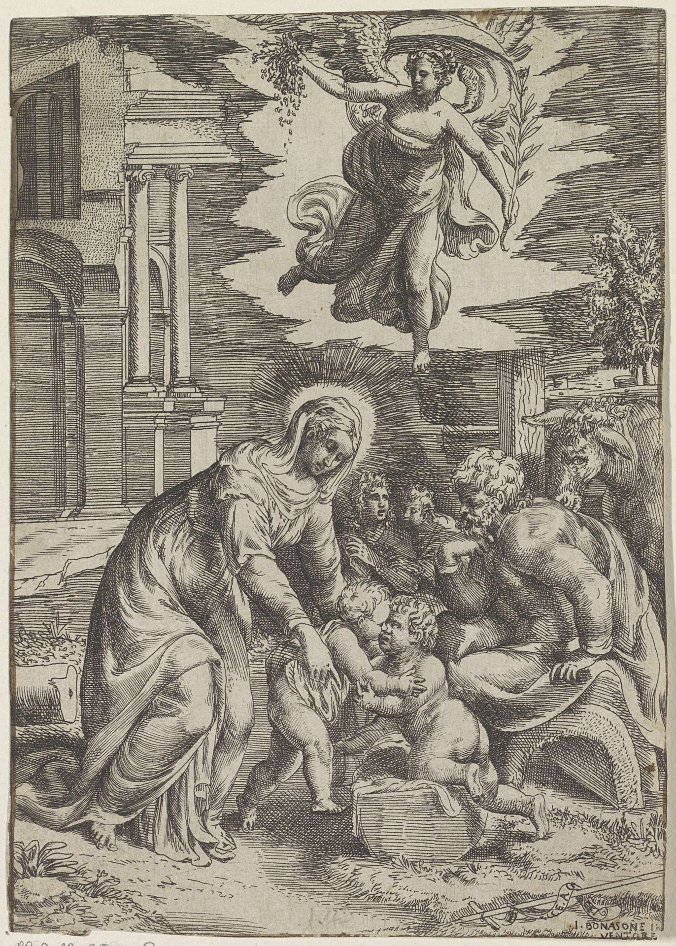Heilige Familie met de jonge Johannes de Doper en een engel by Giulio Bonasone
