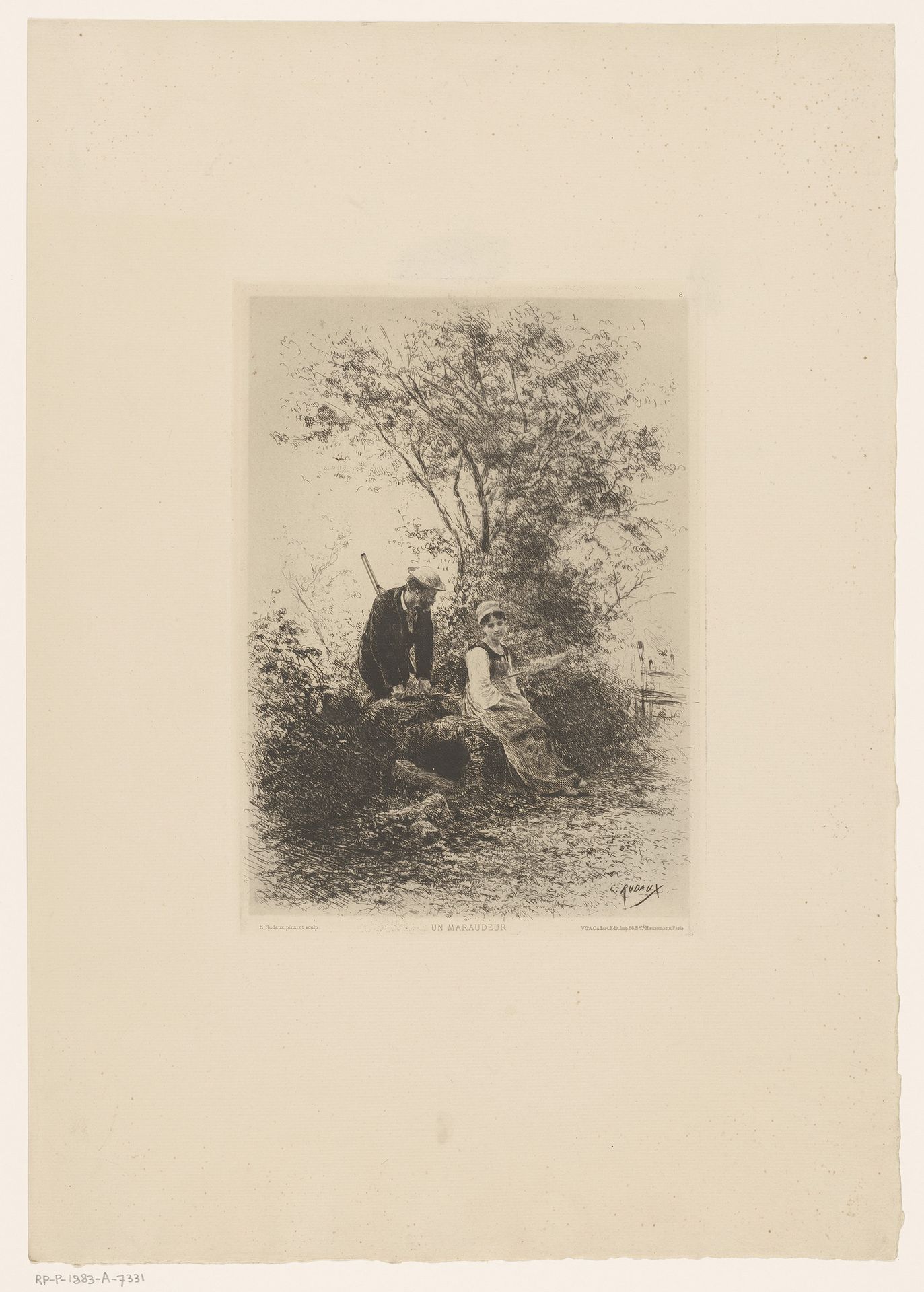 Boslandschap met jager en een zittende jonge boerin by Edmond Adolphe Rudaux