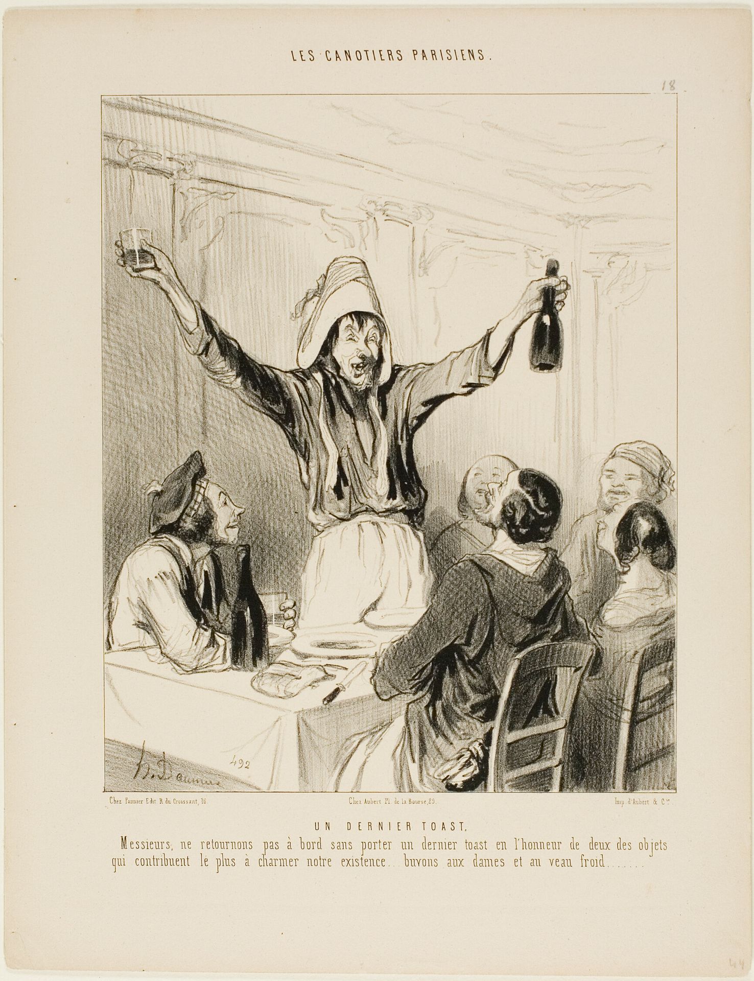 A Last Toast! “Gentlemen, let's not go back on board without a final toast in honour of the two things which, most of all, bring charm to our lives... let's drink to the ladies and cold veal!,” plate 18 from Les Canotiers Parisiens by Honoré Daumier