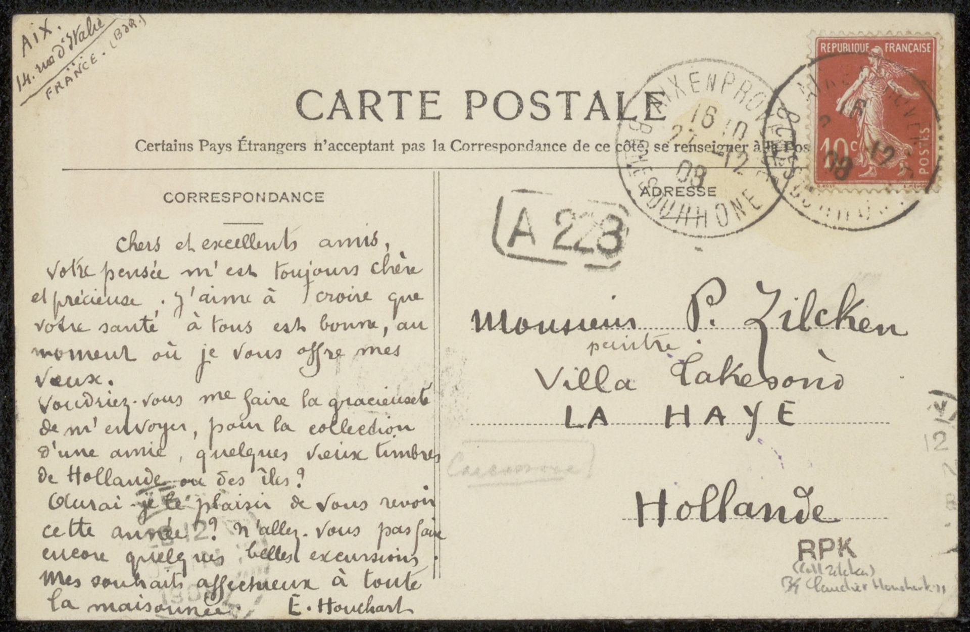 Prentbriefkaart aan Philip Zilcken by Eugénie Clapier-Houchart