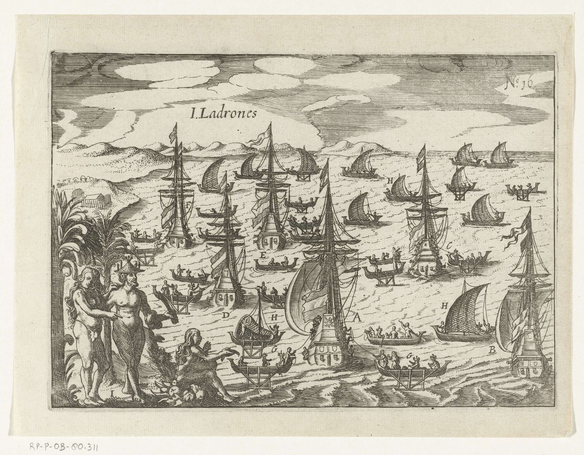 Aankomst bij de Ladrones eilanden, 1616 by Anonymous