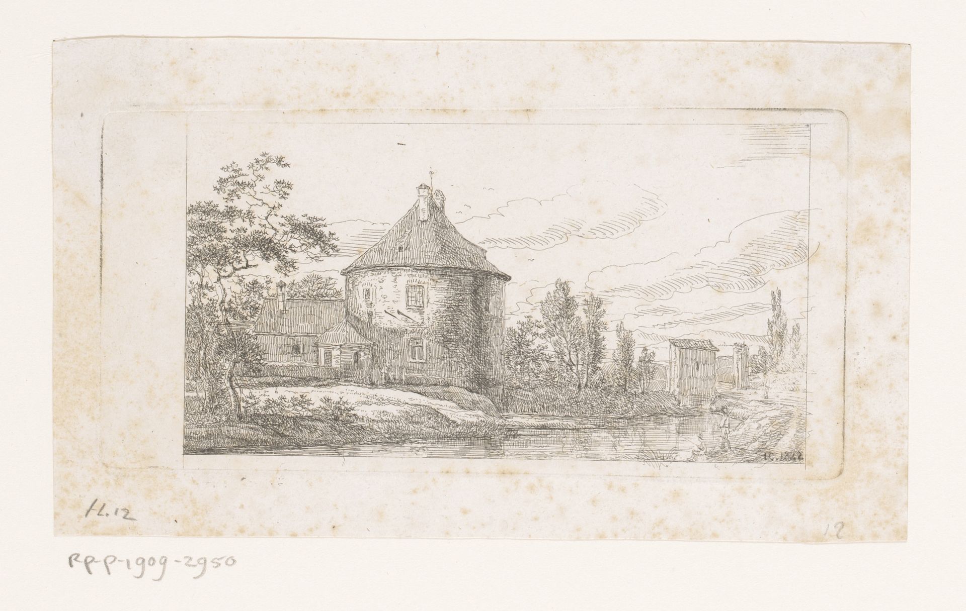 Landschap met rond gebouw aan het water by Joseph Charles Cogels