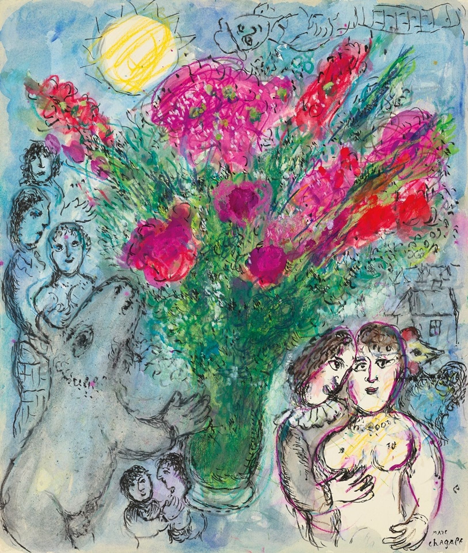 Rencontre autour d’un bouquet de glaïeuls et pivoines by Marc Chagall