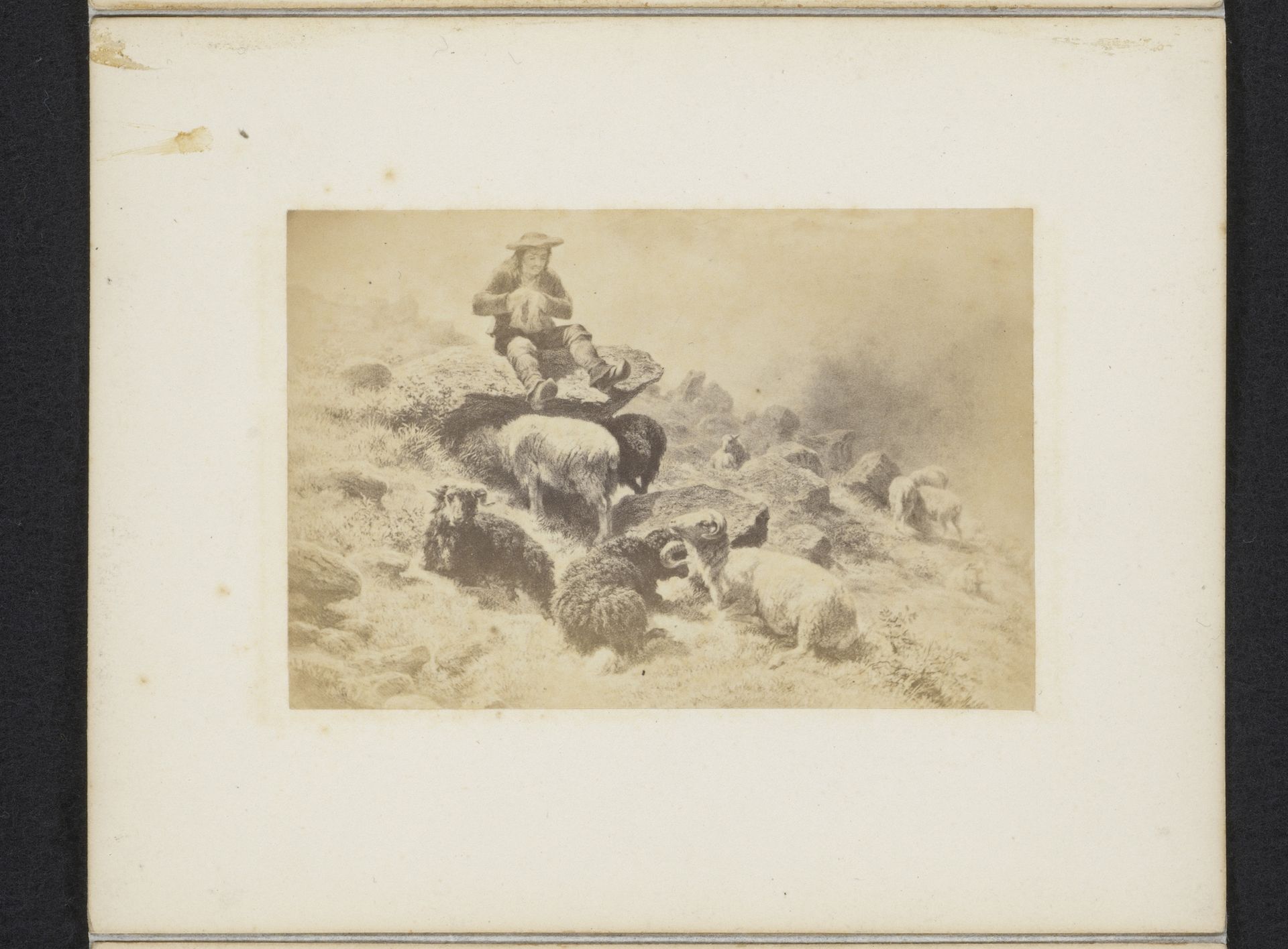 Fotoreproductie van een schilderij van Rosa Bonheur van een schapenherder met zijn kudde op een berg by Anonymous