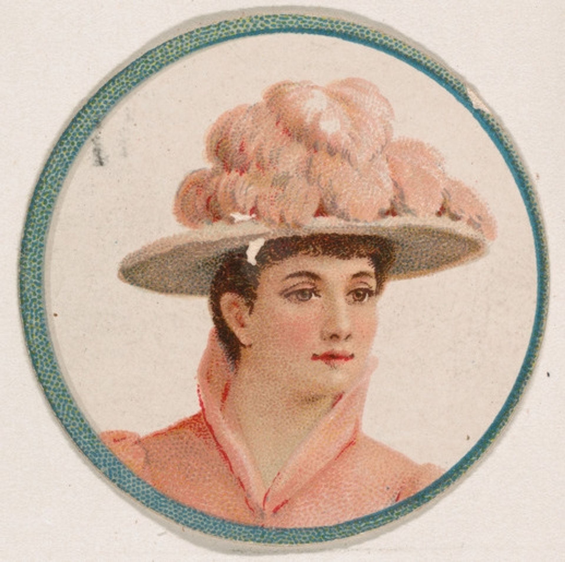 Woman wearing hat with pink feathers, from the Novelties series (N228, Type 2) issued by Kinney Bros. by Kinney Brothers Tobacco Company