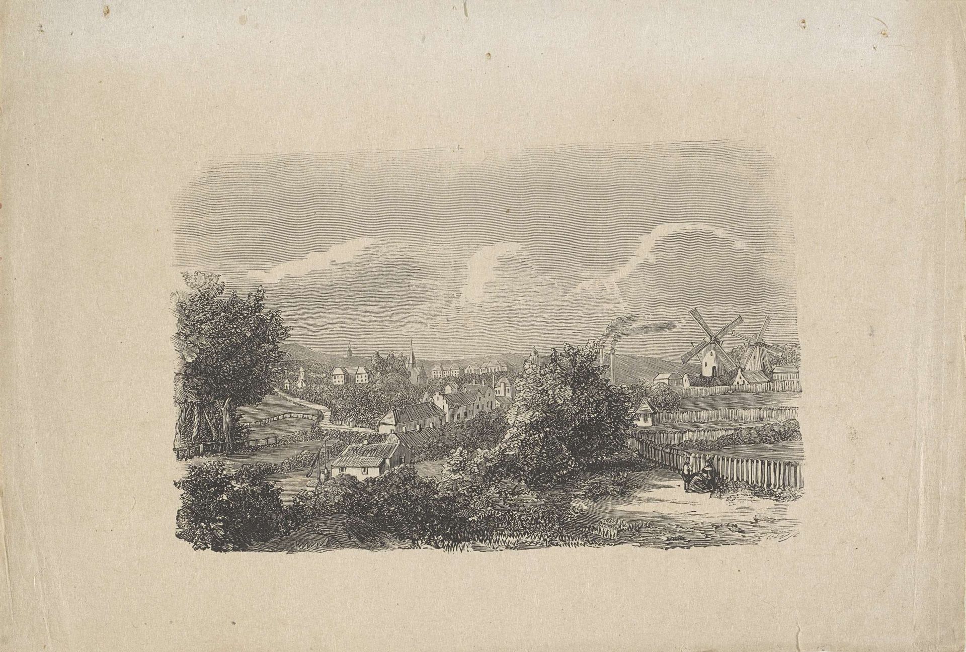 Landschap met een dorp en twee molens by Isaac Weissenbruch