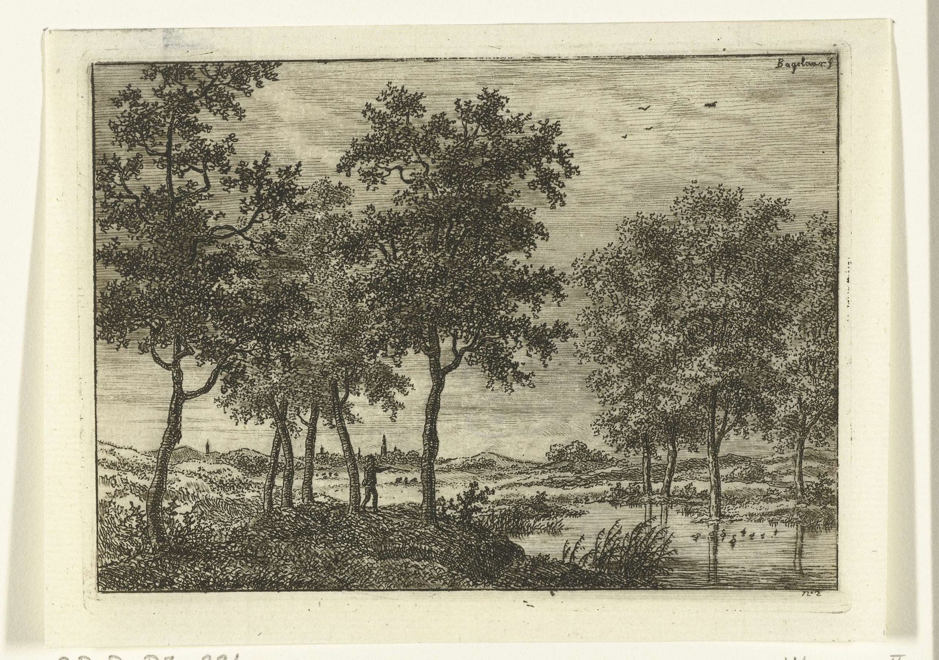 Landschap met jager die op wilde eenden schiet by Ernst Willem Jan Bagelaar