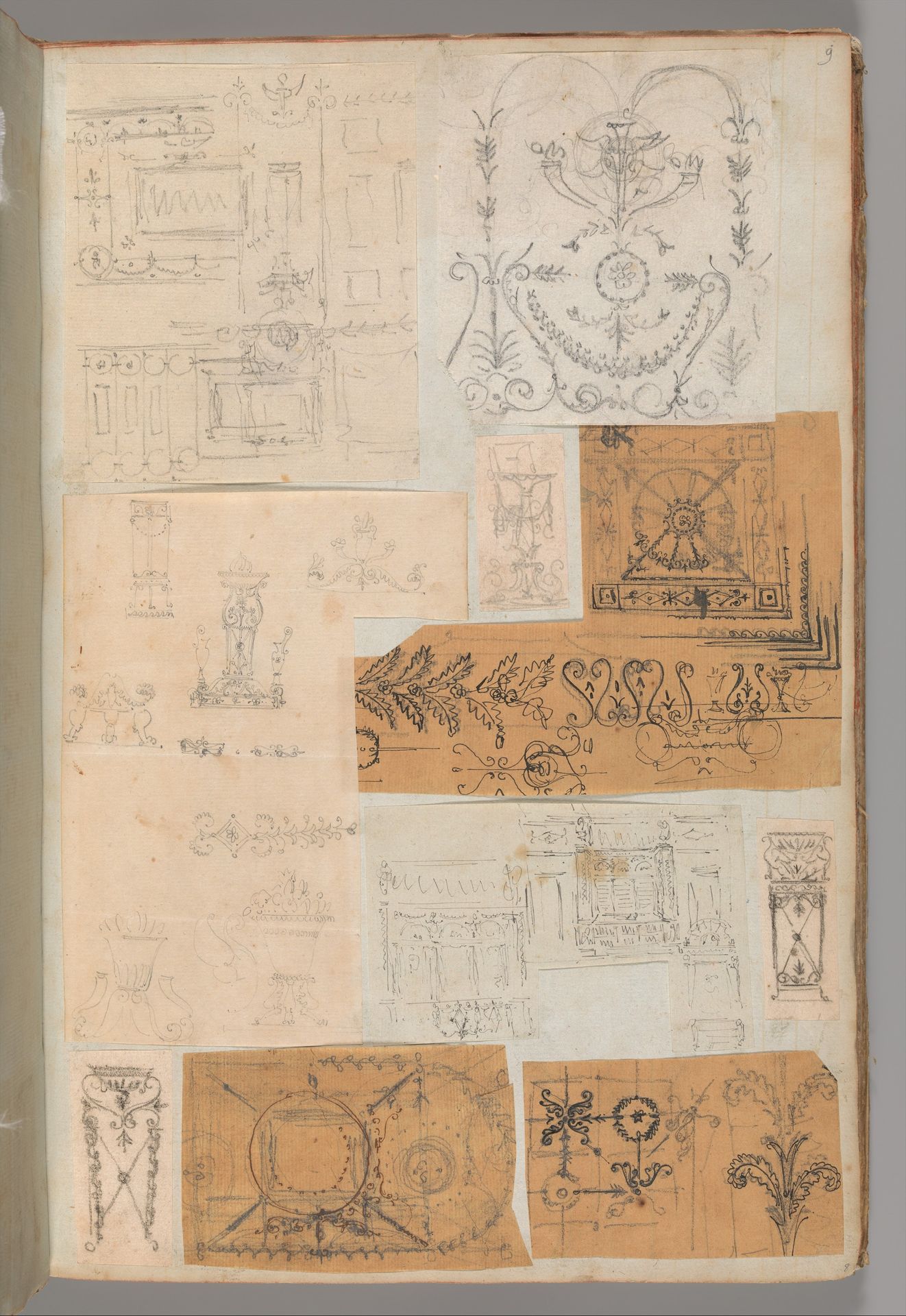 Page from a Scrapbook containing Drawings and Several Prints of Architecture, Interiors, Furniture and Other Objects by Charles Percier