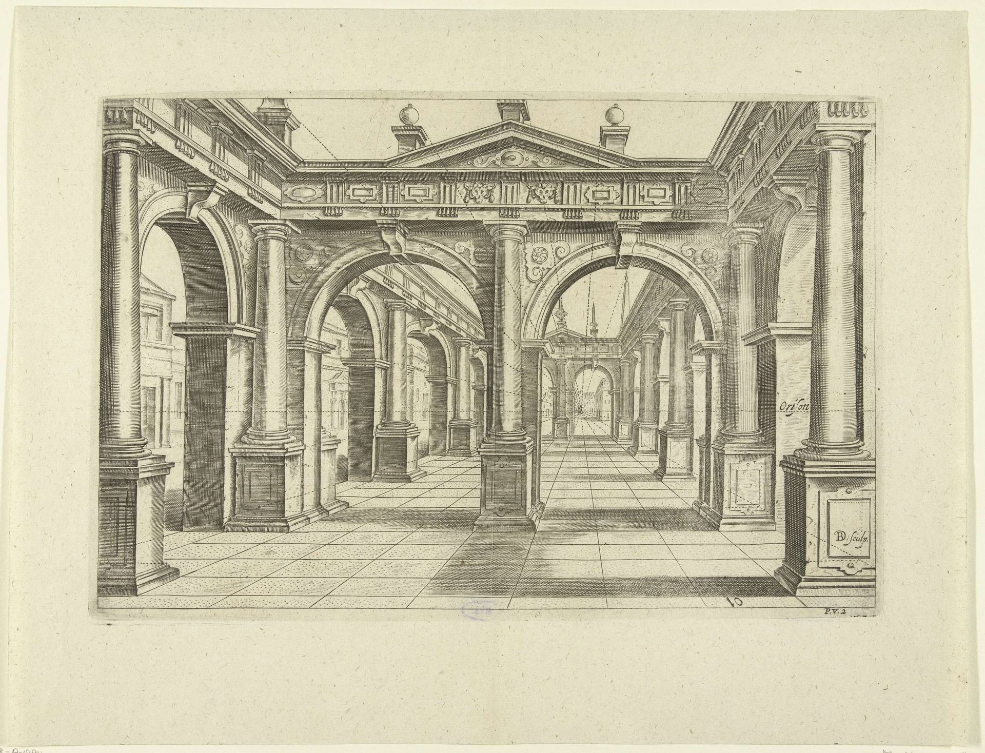 Gebouw met dubbele boog in het midden in Dorische stijl by Bartholomeus Willemsz. Dolendo