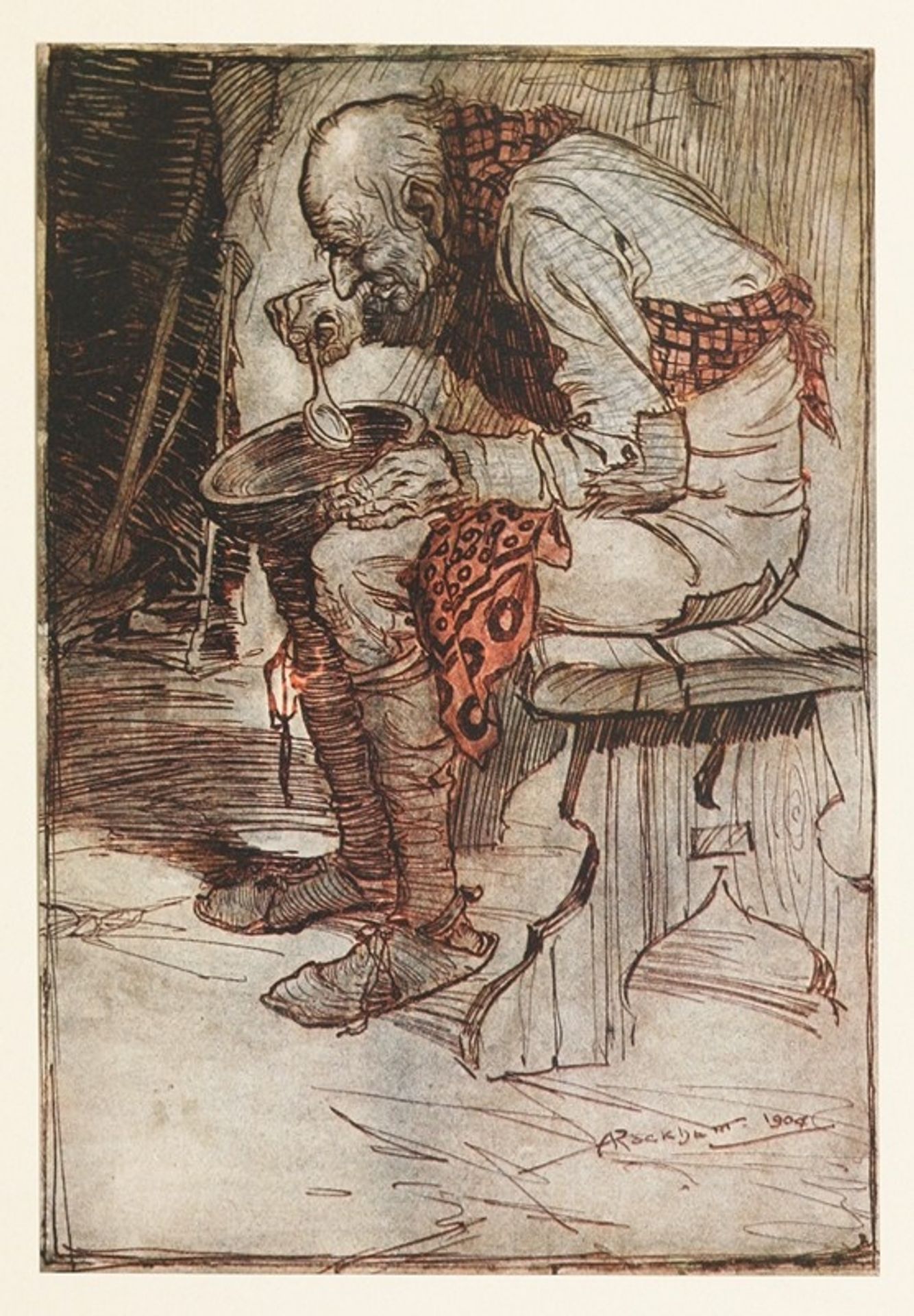 The Old Man had to sit by himself, and ate his food from a wooden bowl by Arthur Rackham