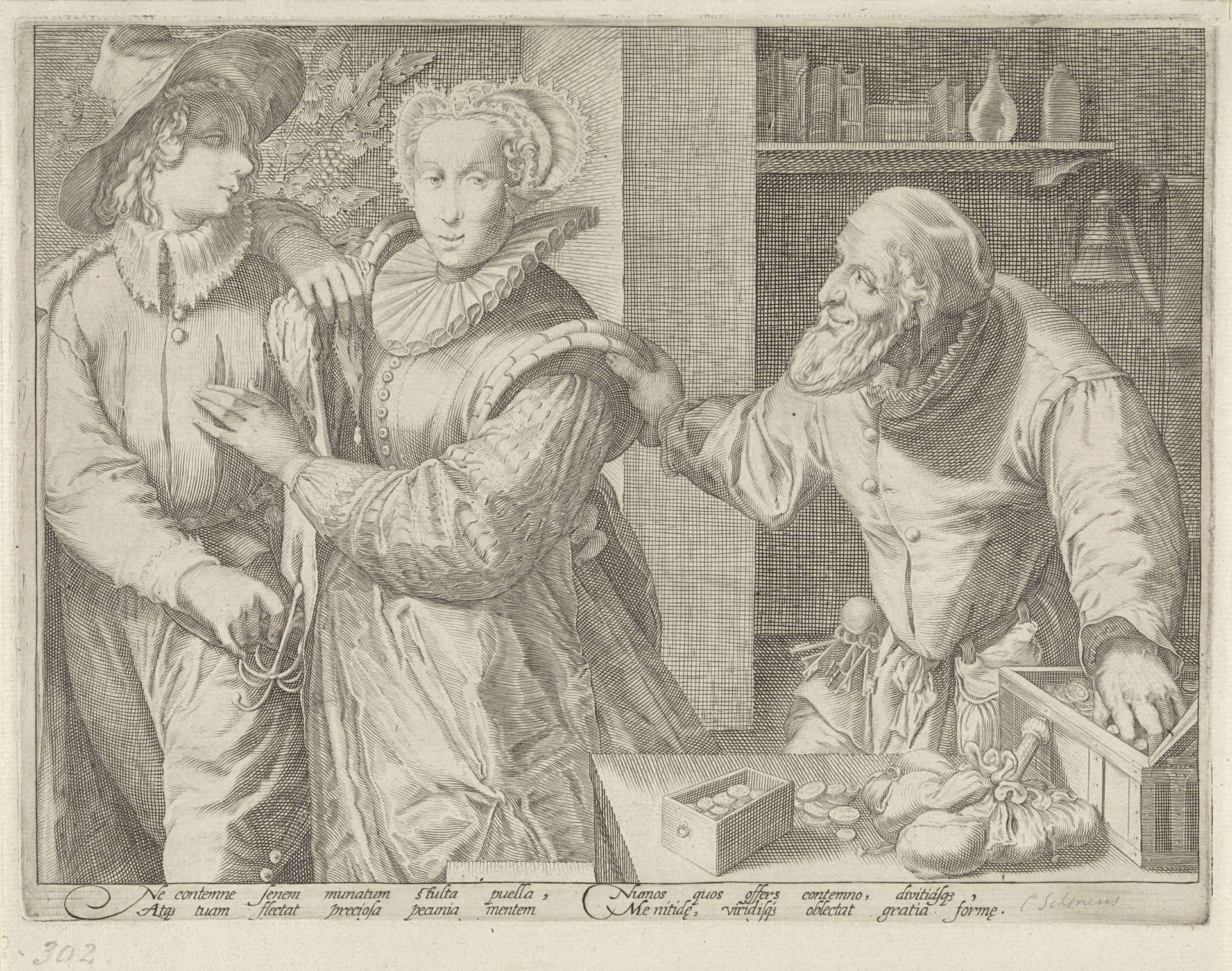 Jong paar en een oude man met geldkist (Ongelijke liefde) by Anonymous