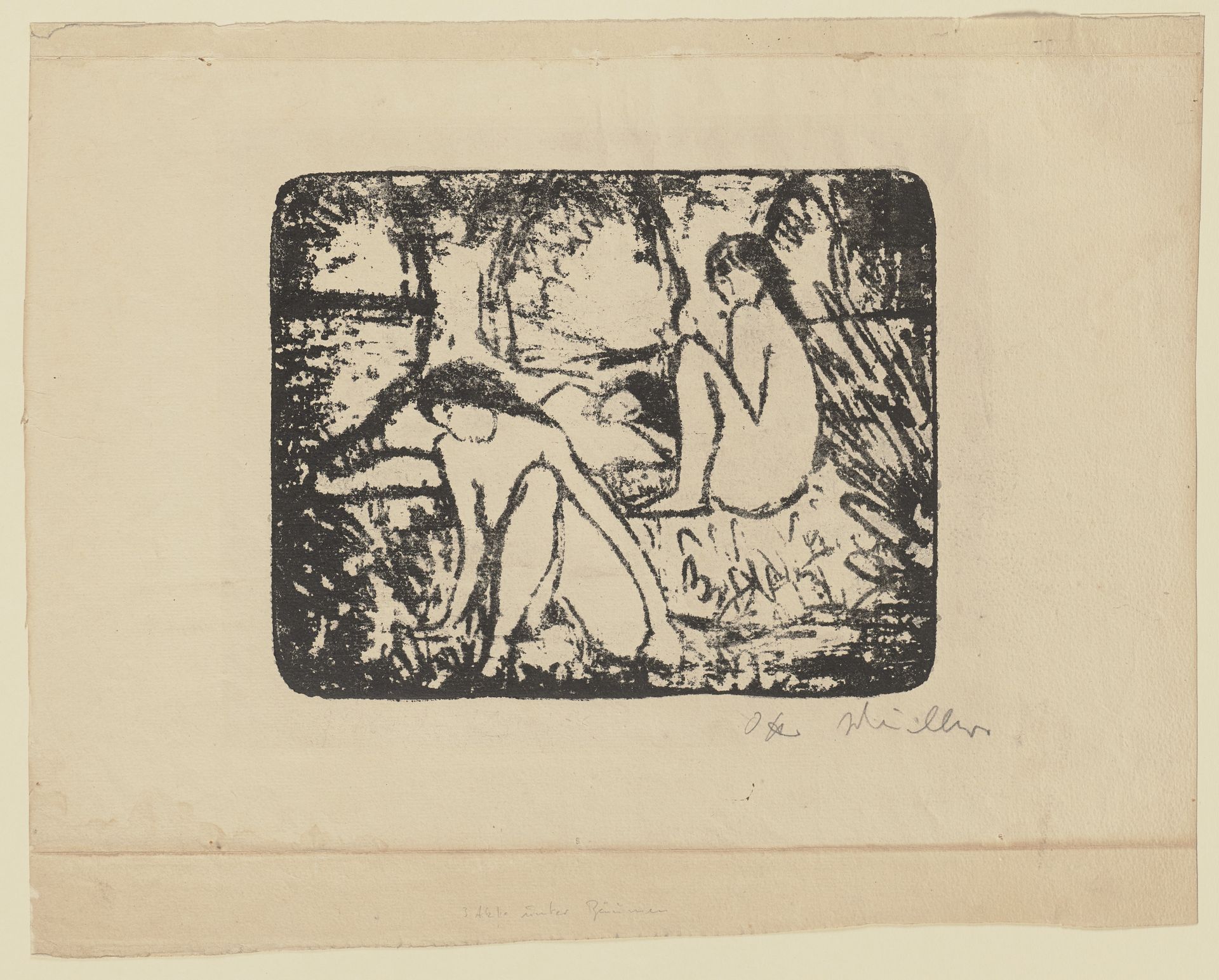 Zwei sitzende Mädchen vor liegender Figur by Otto Mueller