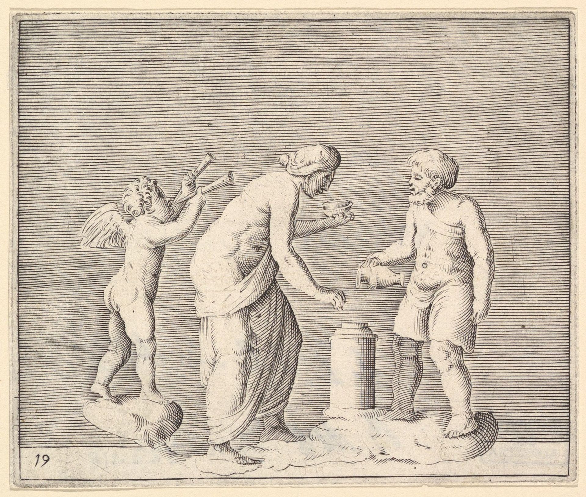 A Woman and Man Sacrificing in the Presence of Cupid, from "Ex Antiquis Cameorum et Gemmae Delineata/ Liber Secundus/et ab Enea Vico Parmen Incis" by Anonymous