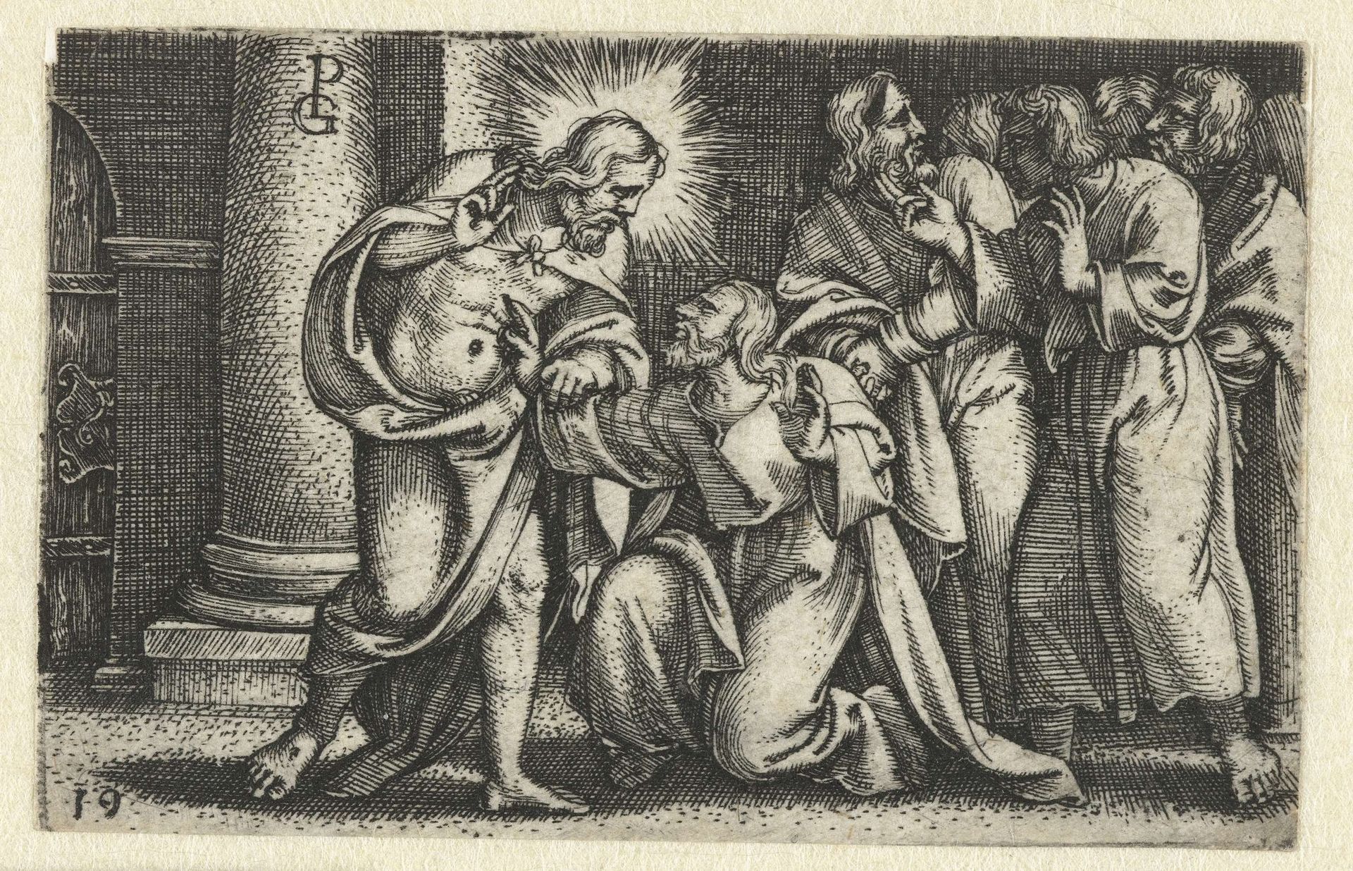 Ongelovige Thomas raakt wonden Christus aan by Georg Pencz