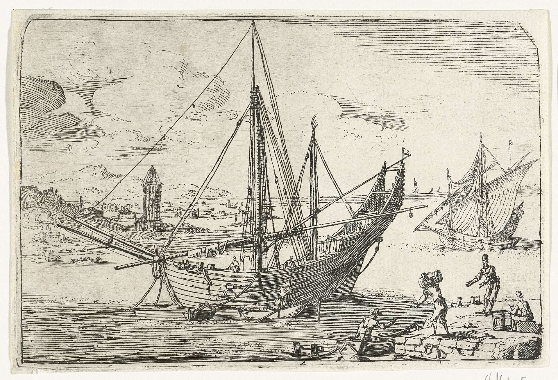 Bark voor anker bij de haven van Messina by Abraham Casembroot