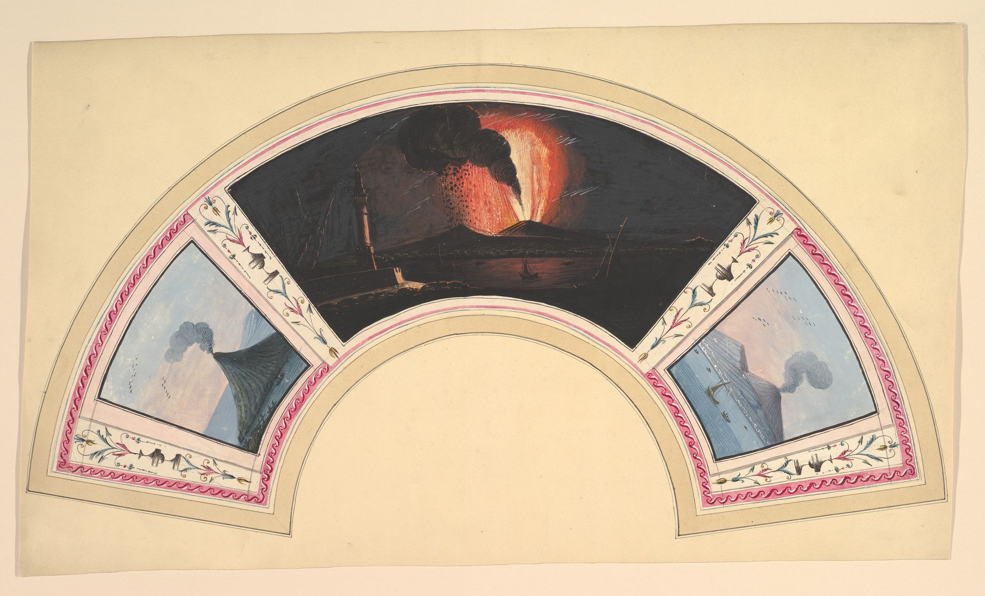 Fan Design with Eruption of Vesuvius and Three Views by Anonymous