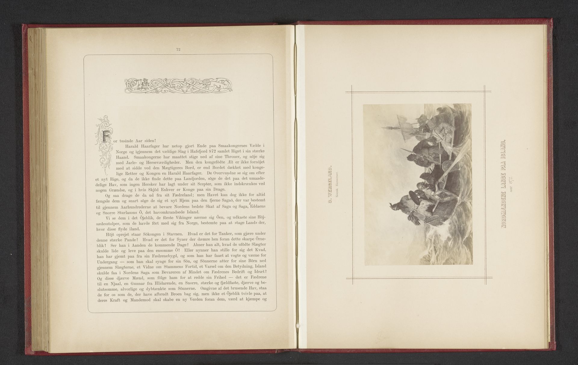 Fotoreproductie van een schilderij van een groep Noormannen in een roeiboot die bij IJsland aankomen door Oscar Wergeland by Johannes Jaeger