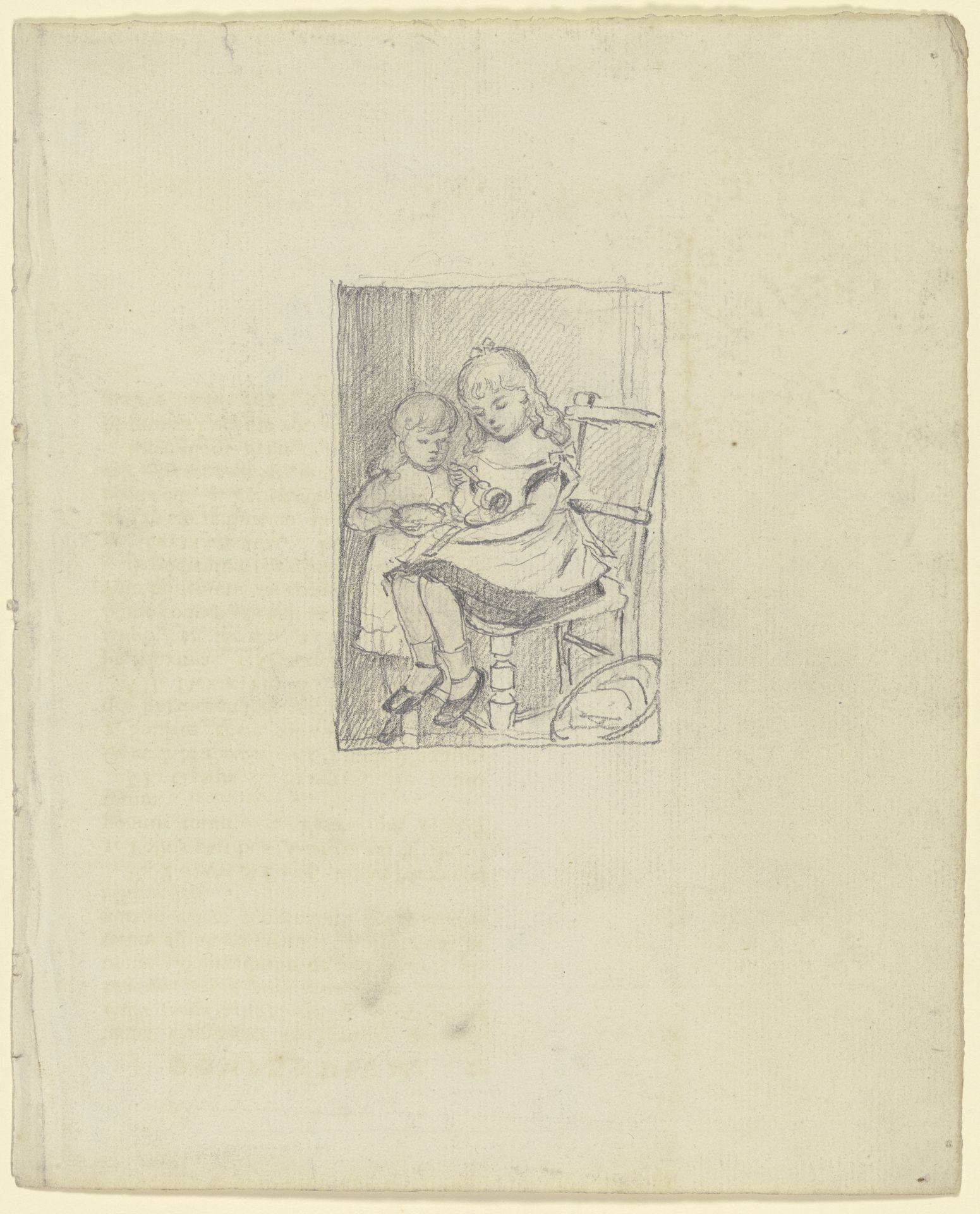 Zwei Kinder füttern eine Puppe by Otto Scholderer