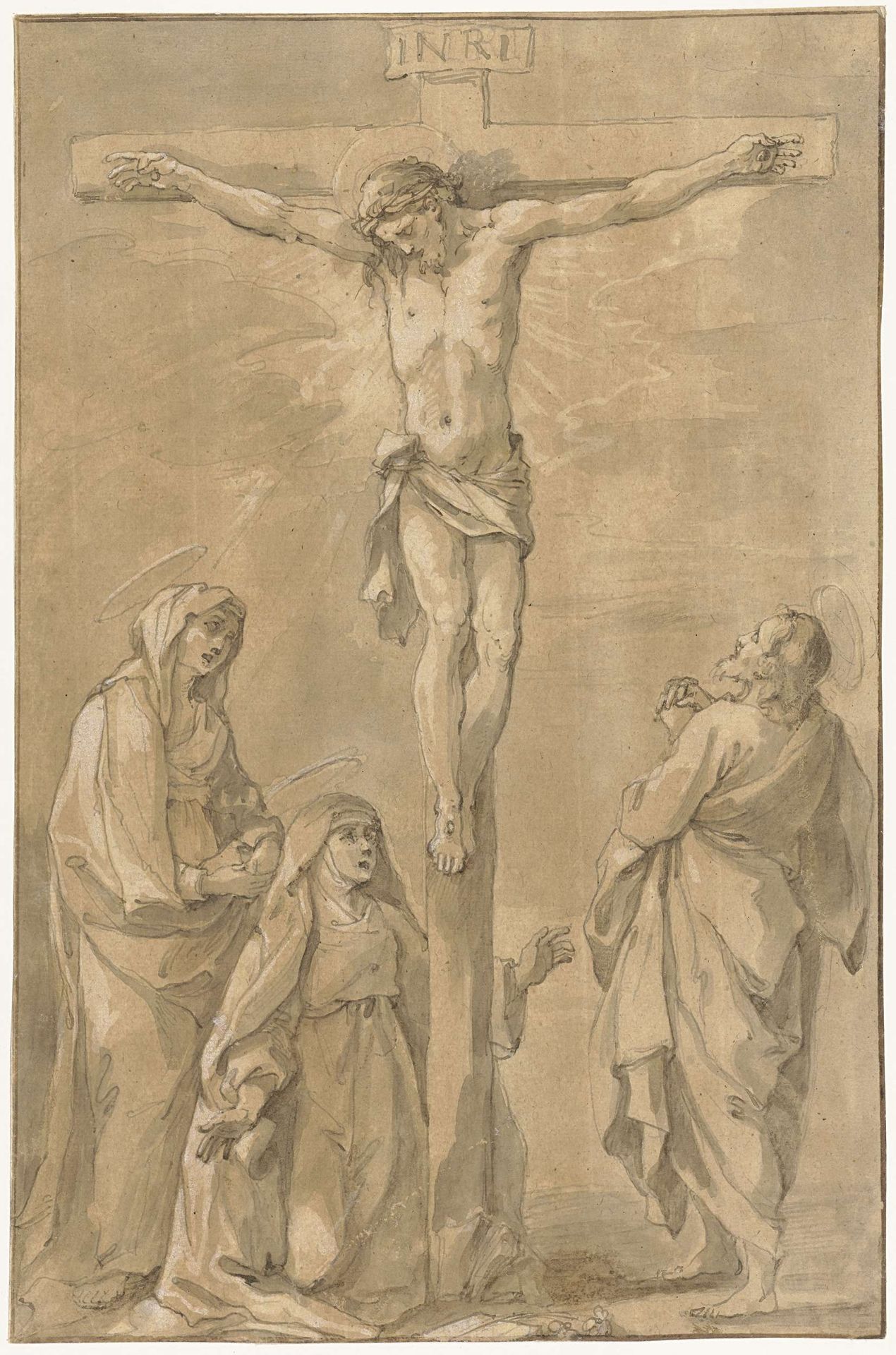 Christus aan het kruis, met Maria, Catharina van Siena en Johannes by Francesco Vanni