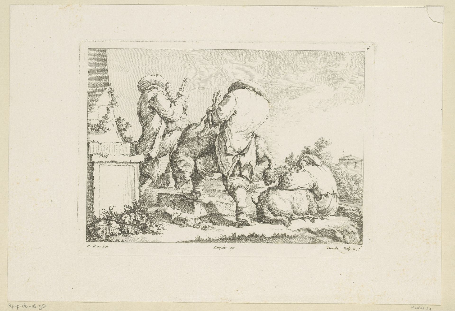 Drie mannen vangen drie schapen by Balthasar Anton Dunker