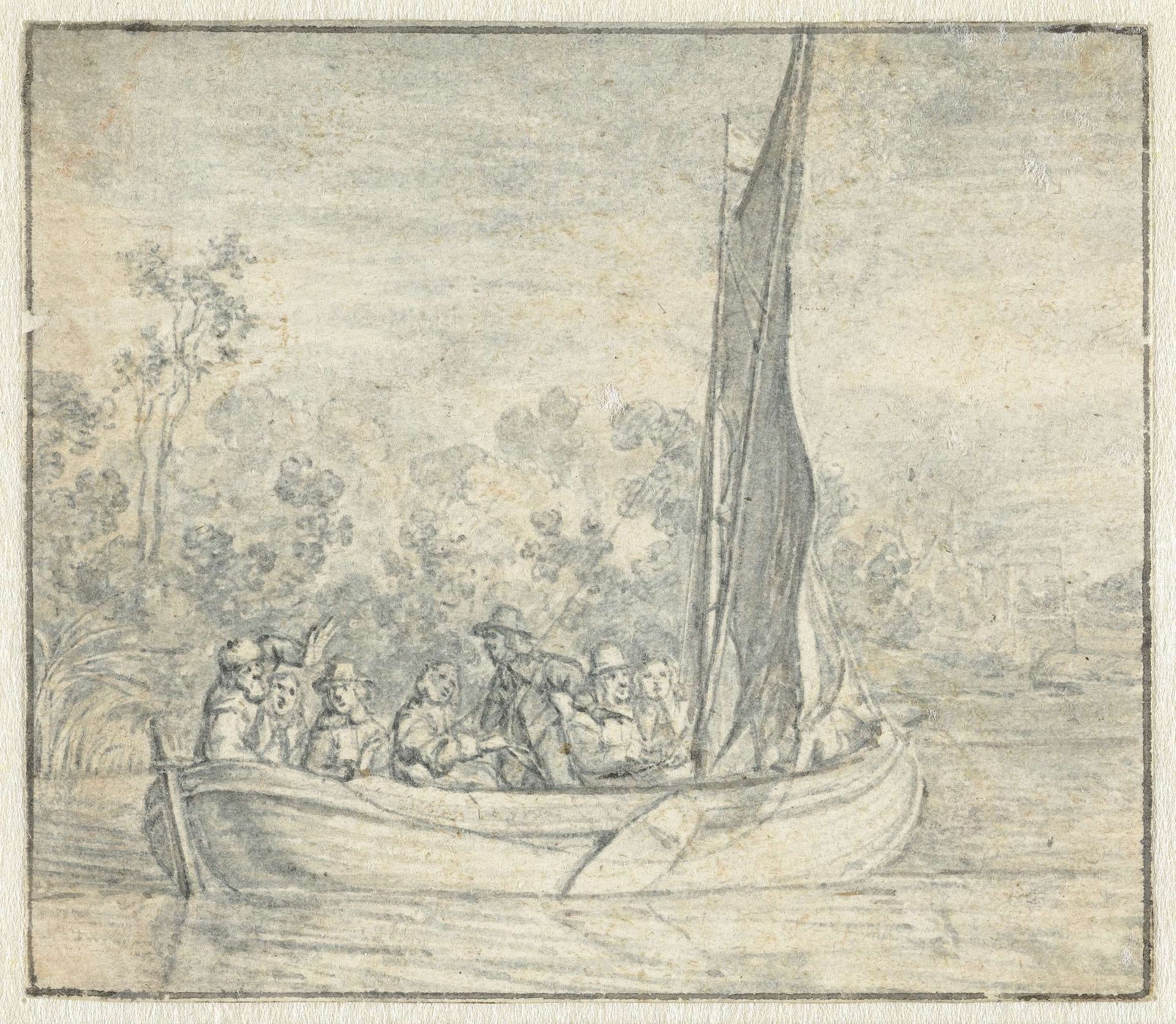 Gezelschap in een zeilbootje op een rivier by Theodor Matham
