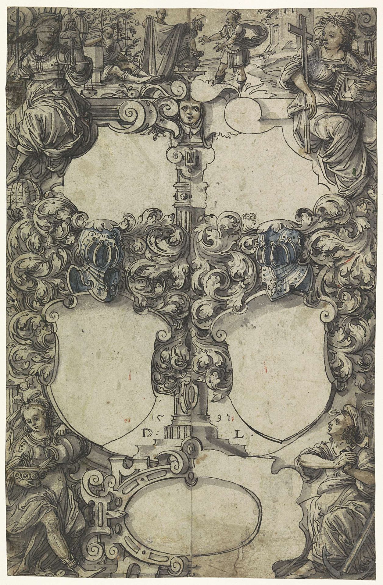 Ontwerp voor een glasraam met de vier deugden en twee lege wapenschilden; bovenaan de dronkenschap van Noach by Daniel Lindtmayer