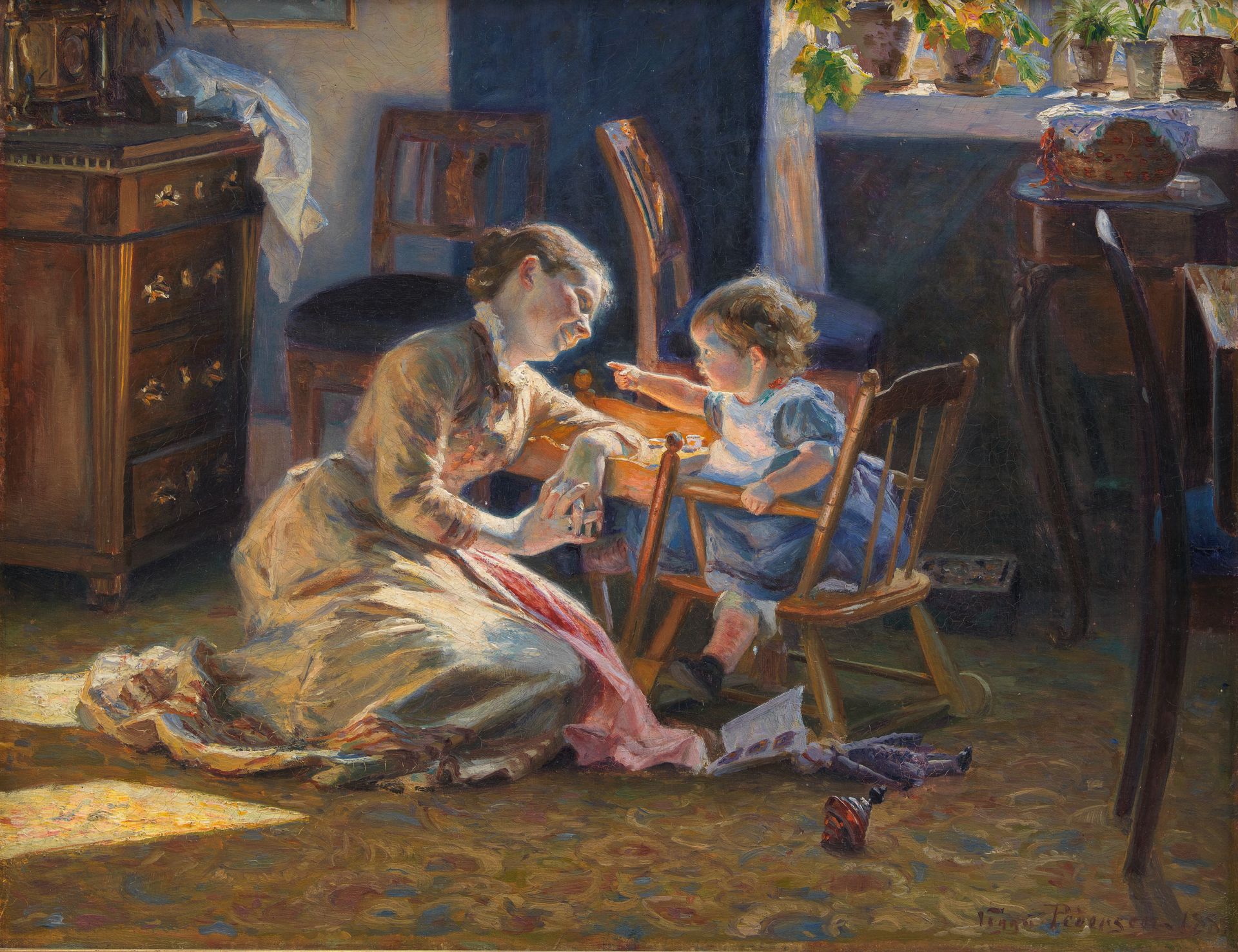 Sunshine in the Living Room. The Artist's Wife and Child by Viggo Pedersen