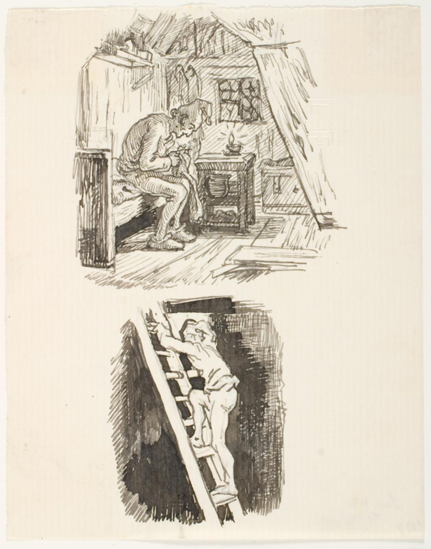 To Illustrationsudkast til H.C. Andersen, Pebersvendens nathue by Lorenz Frølich