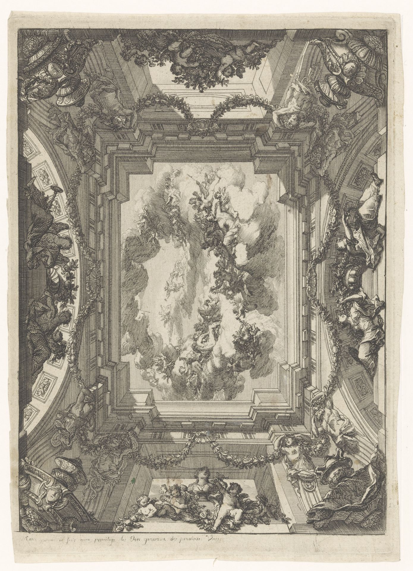 Trompe-l'oeil plafond met mythologische voorstelling by Daniël (I) Marot